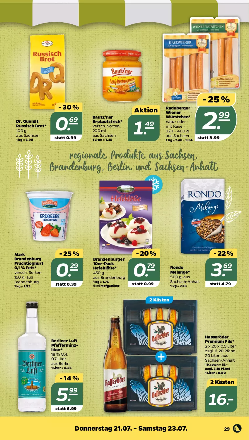 Aktueller Prospekt Netto - Woche 29 - von 18.07 bis 23.07.2022 - strona 29 - produkty: aufstrich, Bau, Berger, berliner, berliner luft, brot, brotaufstrich, burger, Elan, frucht, fruchtjoghurt, hasseröder, Hefe, joghur, joghurt, Käse, likör, natur, pfeffer, pfefferminzlikör, pils, premium pils, radeberger, russisch brot, sac, Ti, wiener, wiener würstchen, würstchen