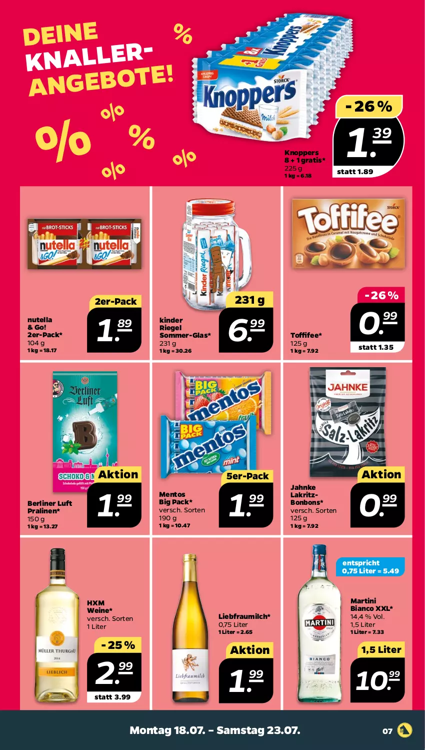 Aktueller Prospekt Netto - Woche 29 - von 18.07 bis 23.07.2022 - strona 7 - produkty: berliner, berliner luft, bonbons, Kinder, kinder riegel, knoppers, Lakritz, martini, mentos, milch, nutella, pralinen, riegel, Ti, toffifee, wein, weine