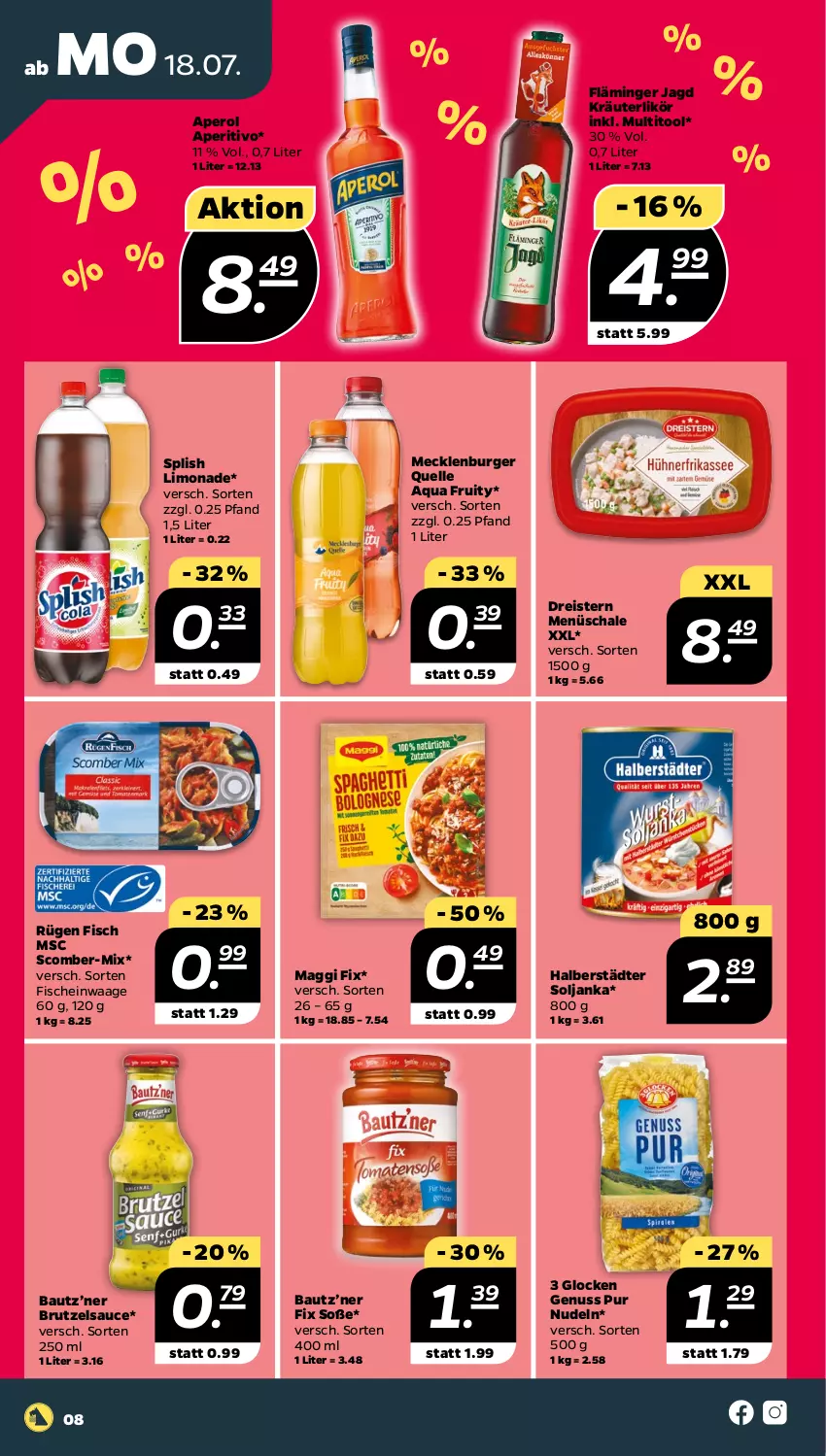 Aktueller Prospekt Netto - Woche 29 - von 18.07 bis 23.07.2022 - strona 8 - produkty: aperol, aqua, Bau, brut, burger, dreistern, eis, elle, fisch, fische, kräuter, kräuterlikör, likör, limo, limonade, maggi, maggi fix, nudel, nudeln, nuss, reis, sauce, Schal, Schale, Soße, Ti, Waage