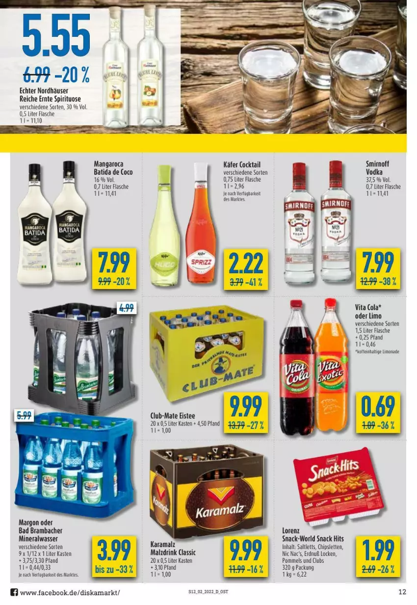 Aktueller Prospekt Diska - Prospekte - von 10.01 bis 15.01.2022 - strona 12 - produkty: Alwa, Bad, batida, chips, cocktail, cola, drink, eis, eistee, flasche, käfer, limo, limonade, malz, mangaroca, mineralwasser, Pommels, saltletts, smirnoff, snack, snack hits, tee, Ti, vita, Vita C, vodka, wasser