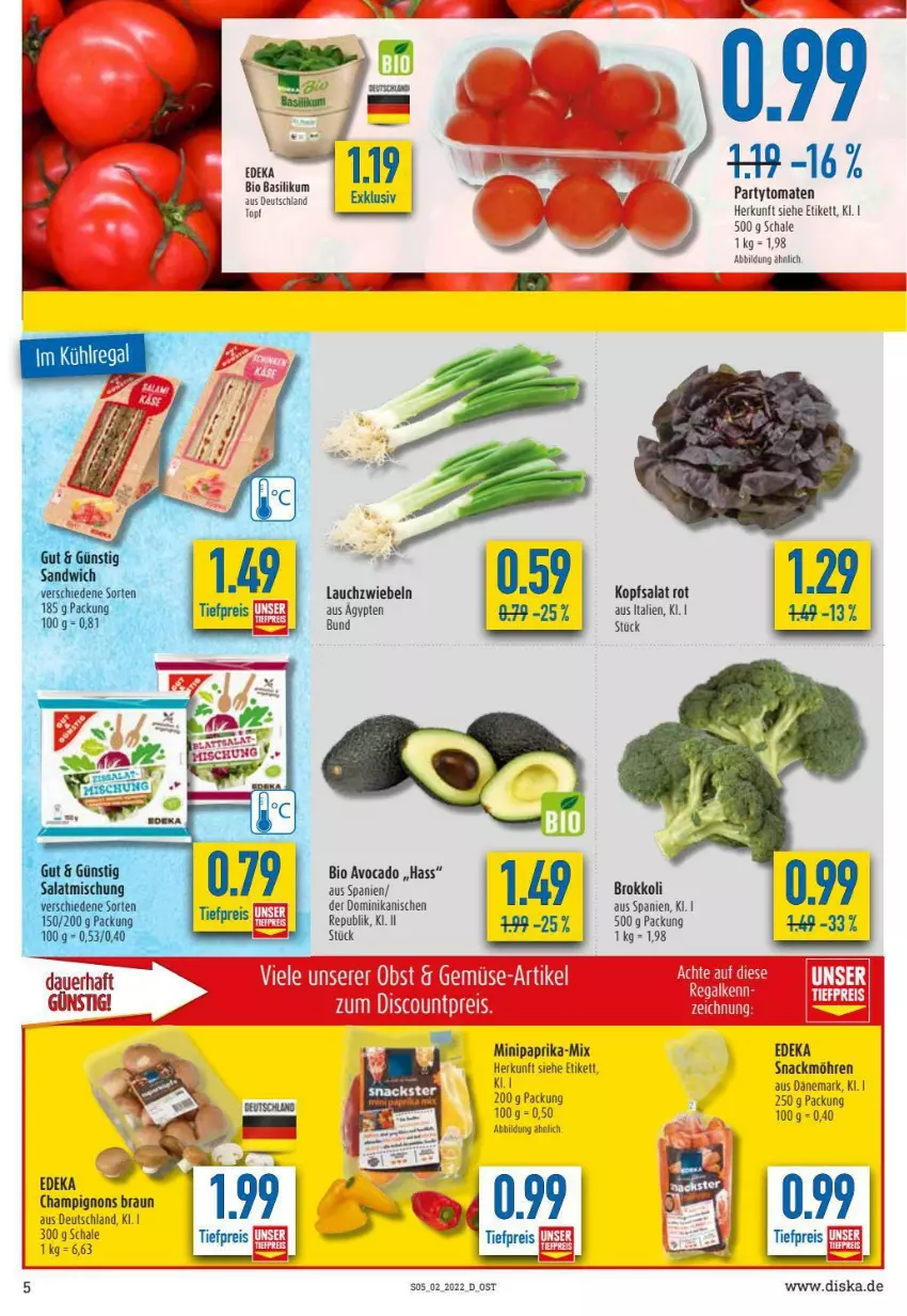 Aktueller Prospekt Diska - Prospekte - von 10.01 bis 15.01.2022 - strona 5 - produkty: avocado, basilikum, bio, braun, brokkoli, champignon, champignons, champignons braun, deka, kopfsalat, Lauchzwiebel, lauchzwiebeln, möhren, paprika, salat, Schal, Schale, snack, Ti, tomate, tomaten, topf, zwiebel, zwiebeln