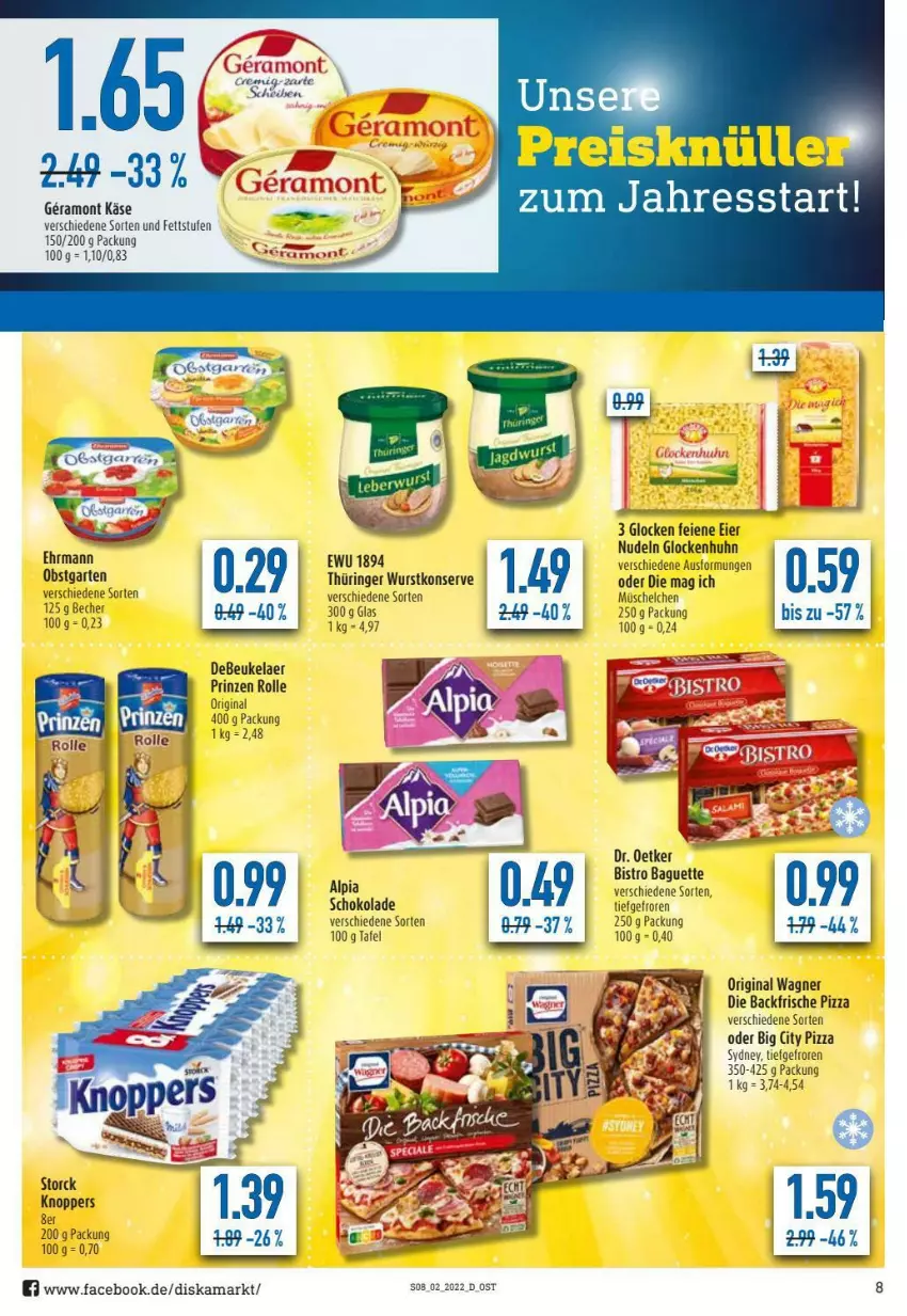 Aktueller Prospekt Diska - Prospekte - von 10.01 bis 15.01.2022 - strona 8 - produkty: alpia, baguette, Becher, Bistro Baguette, debeukelaer, Dr. Oetker, ehrmann, eier, eis, Garten, gin, Käse, knoppers, nudel, nudeln, obst, obstgarten, original wagner, pizza, prinzen rolle, reis, ring, schoko, schokolade, storck, Ti, wagner, wurst