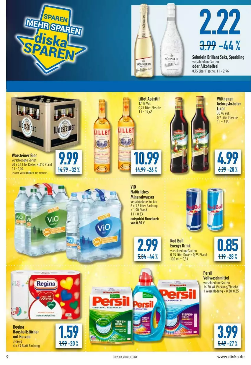 Aktueller Prospekt Diska - Prospekte - von 10.01 bis 15.01.2022 - strona 9 - produkty: alkohol, Alwa, aperitif, bier, brillant sekt, drink, eis, energy drink, flasche, gin, haushaltstücher, kräuter, likör, lillet, mineralwasser, natürliches mineralwasser, persil, red bull, reis, sekt, söhnlein, söhnlein brillant, steiner, Ti, tücher, uhr, vollwaschmittel, warsteiner, waschmittel, wasser, wilthener