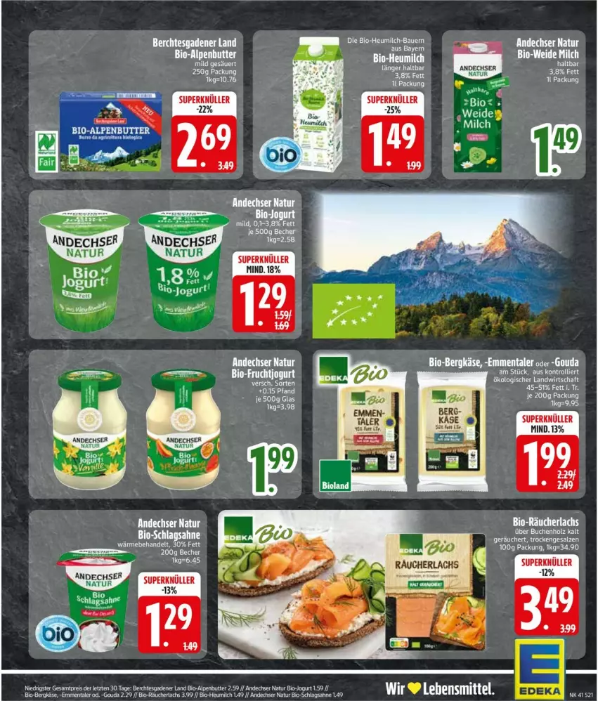 Aktueller Prospekt Edeka - Prospekte - von 05.10 bis 10.10.2026 - strona 23 - produkty: andechser natur, Becher, Bergkäse, bio, Bio-Fruchtjogurt, deka, emmentaler, frucht, gouda, jogurt, Käse, lachs, lebensmittel, natur, Räucherlachs, sahne, schlagsahne