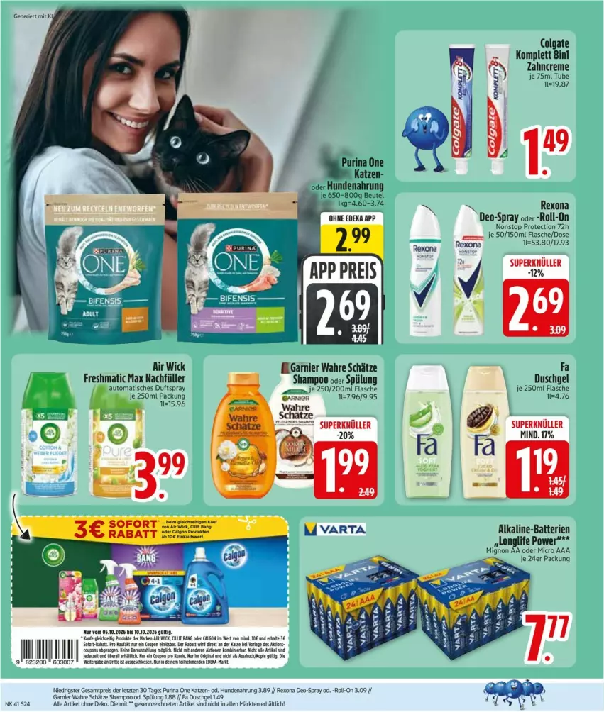 Aktueller Prospekt Edeka - Prospekte - von 05.10 bis 10.10.2026 - strona 26 - produkty: Air Wick, auto, batterie, batterien, colgate, creme, deo, Duftspray, duschgel, eis, fa duschgel, flasche, garnier, hundenahrung, LG, longlife, purina, reis, rexona, roll-on, shampoo, shampoo oder spülung, spülung, Ti, tisch, Wahre Schätze, WICK, zahncreme, ZTE