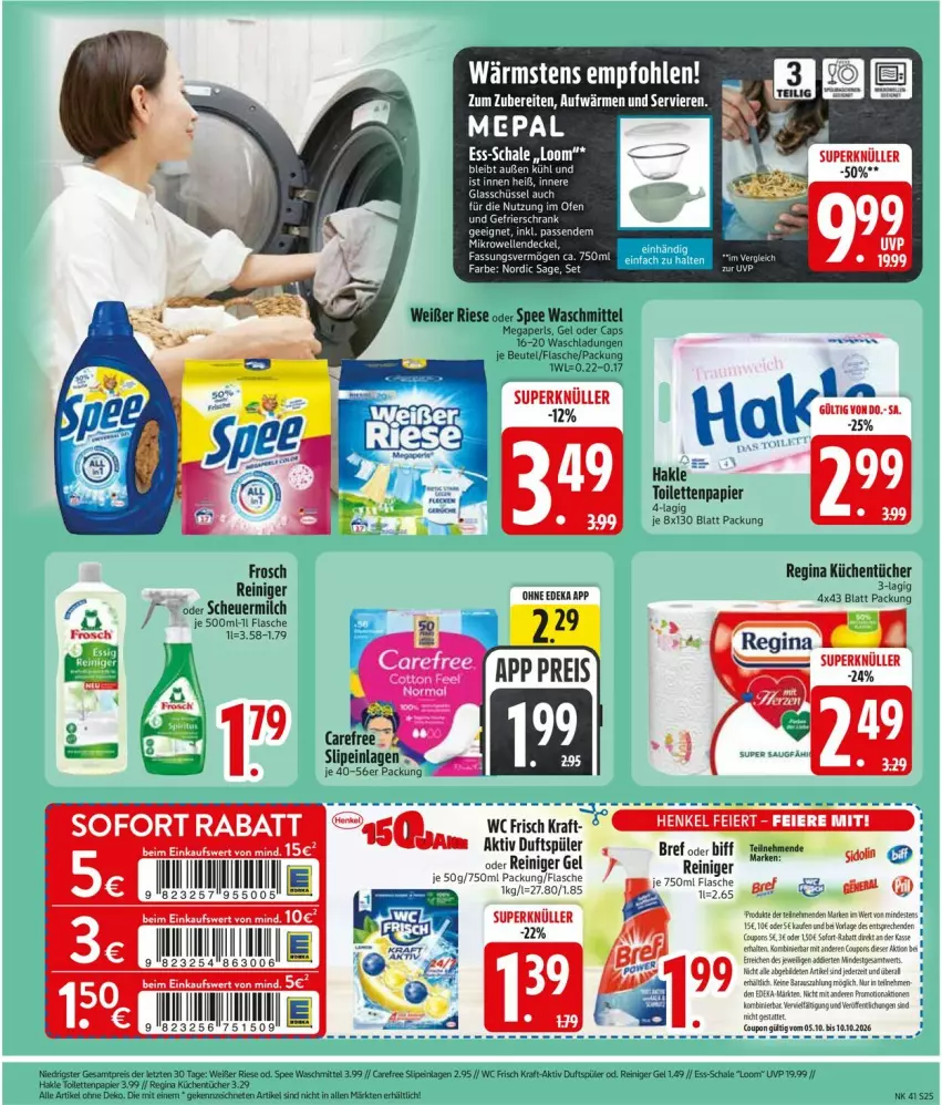Aktueller Prospekt Edeka - Prospekte - von 05.10 bis 10.10.2026 - strona 27 - produkty: beutel, biff, Bref, Cap, deka, flasche, Frosch, gefrierschrank, gin, hakle, Heu, kraft, küche, Küchen, küchentücher, megaperls, milch, Ofen, papier, reiniger, reiniger gel, Schal, Schale, scheuermilch, Schrank, schüssel, slip, slipeinlagen, spee, Ti, tücher, waschmittel, wc frisch