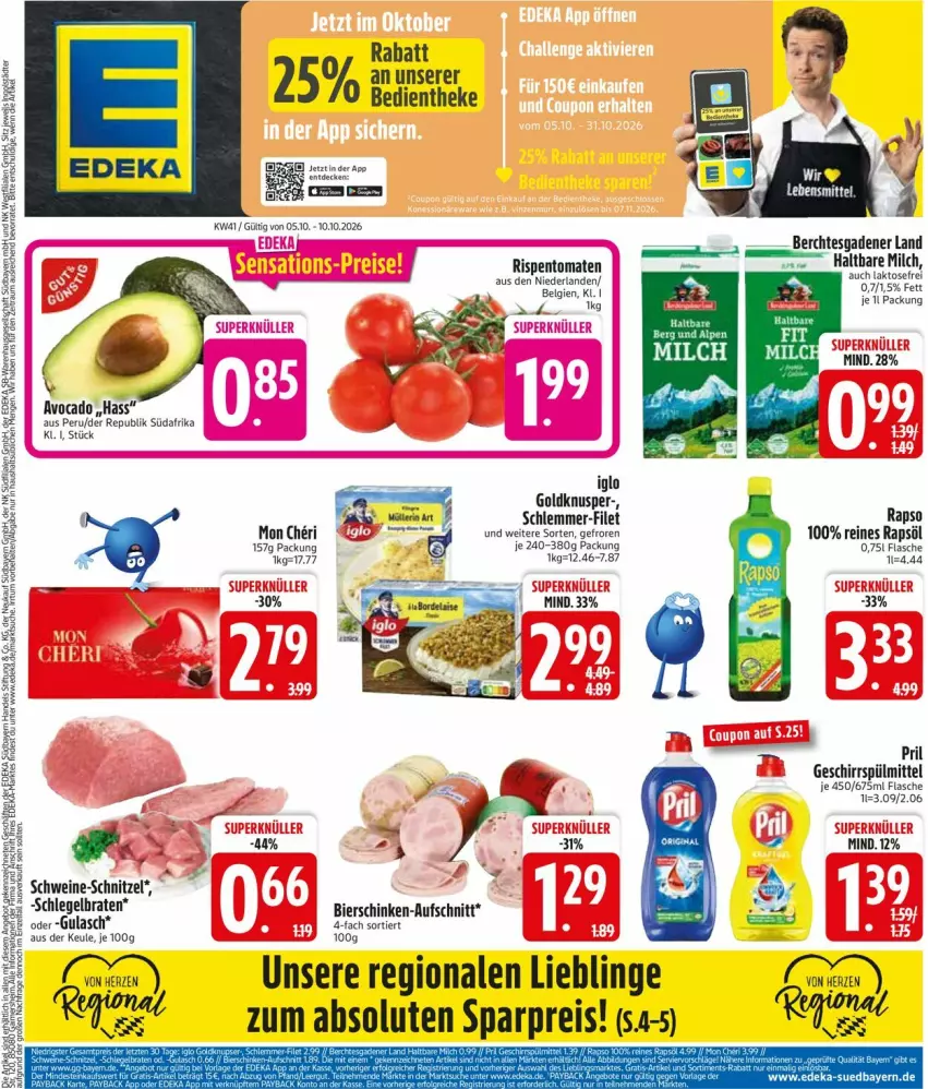 Aktueller Prospekt Edeka - Prospekte - von 05.10 bis 10.10.2026 - strona 3 - produkty: aufschnitt, avocado, bier, bierschinken, eis, filet, flasche, geschirr, geschirrspülmittel, haltbare milch, iglo, LG, milch, pril, rapso, rapsöl, reines rapsöl, reis, rispentomaten, schinken, schlemmer-filet, schnitzel, schwein, schweine, schweine-schnitzel, spülmittel, Ti, tomate, tomaten, wein, weine