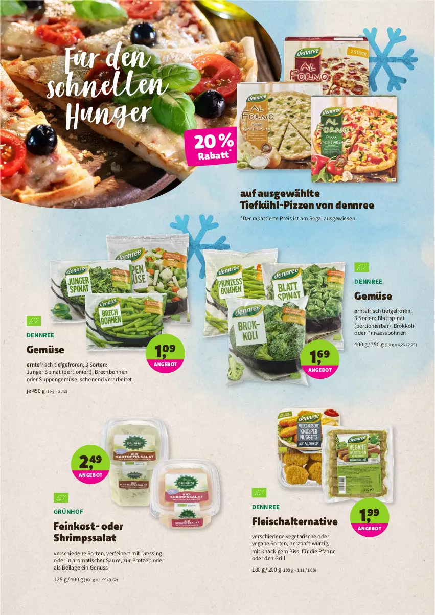 Aktueller Prospekt Denns Biomarkt - Prospekte - von 19.01 bis 01.02.2022 - strona 4 - produkty: angebot, blattspinat, bohne, bohnen, brokkoli, brot, dennree, dressing, eis, elle, feinkost, fleisch, Fleischalternative, grill, ilag, nuss, pfanne, prinzessbohnen, regal, reis, salat, sauce, Schal, spinat, suppe, suppen, Ti, tisch, Vegeta