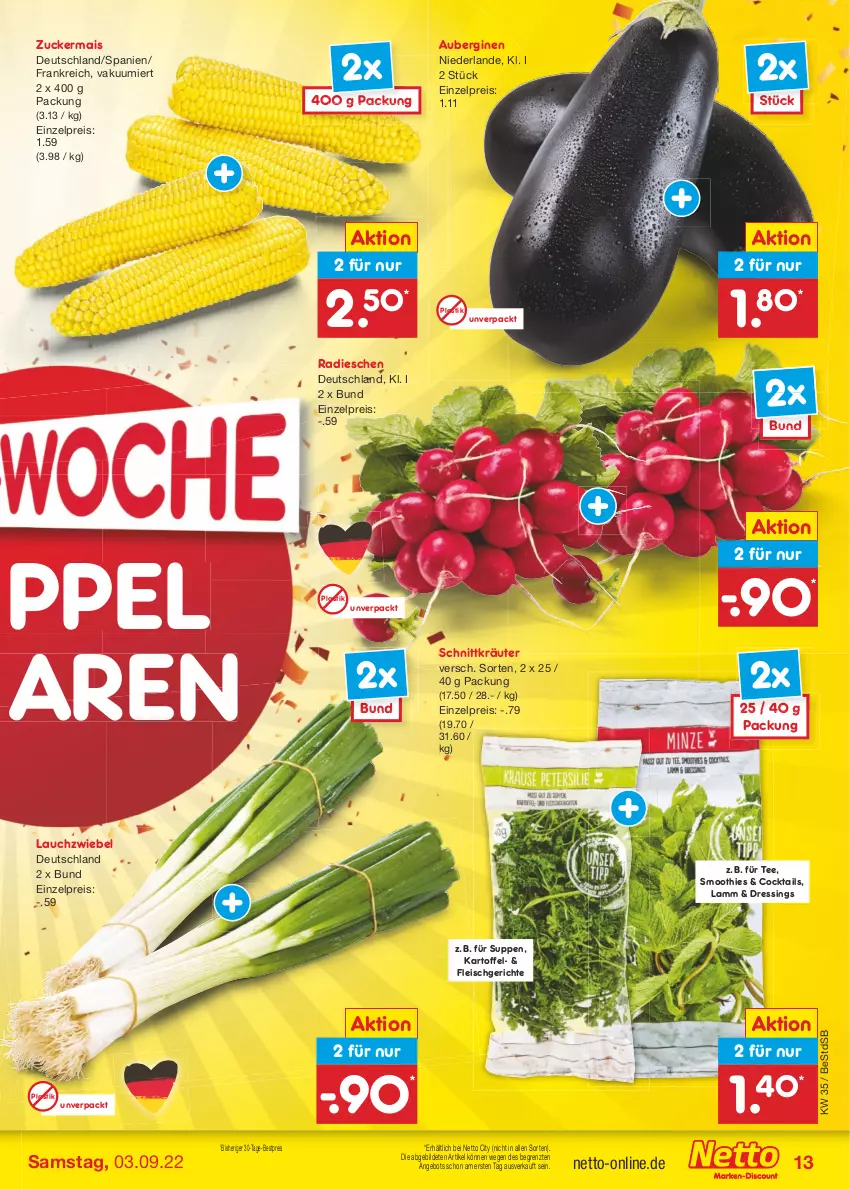 Aktueller Prospekt Netto Marken-Discount - Filial-Angebote - von 29.08 bis 03.09.2022 - strona 13 - produkty: angebot, asti, aubergine, auberginen, bestpreis, cocktail, cocktails, dressing, eis, fleisch, gin, kartoffel, kräuter, lamm, Lauchzwiebel, mais, radieschen, reis, smoothie, smoothies, suppe, suppen, tee, Ti, ZTE, zucker, zuckermais, zwiebel