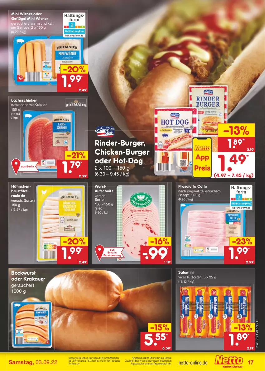 Aktueller Prospekt Netto Marken-Discount - Filial-Angebote - von 29.08 bis 03.09.2022 - strona 17 - produkty: angebot, auer, aufschnitt, bestpreis, bockwurst, brustfilet, burger, eis, filet, Geflügel, gin, hähnchenbrust, hähnchenbrustfilet, krakauer, kräuter, lachs, lachsschinken, natur, nuss, prosciutto, prosciutto cotto, reis, rezept, rind, rinder, salami, schinken, Ti, wiener, wurst, ZTE