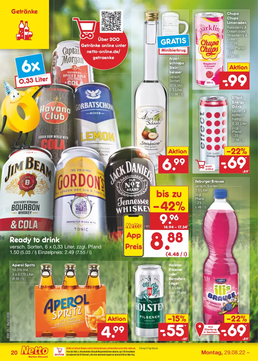 Aktueller Prospekt Netto Marken-Discount - Filial-Angebote - von 29.08 bis 03.09.2022 - strona 20 - produkty: aperol, bestpreis, bier, brause, burger, chupa, chupa chups, drink, Effect, eis, energy drink, getränk, getränke, holsten, holsten pilsener, limo, limonade, limonaden, ndk, pils, pilsener, raspberry, reis, sac, Ti, versandkostenfrei