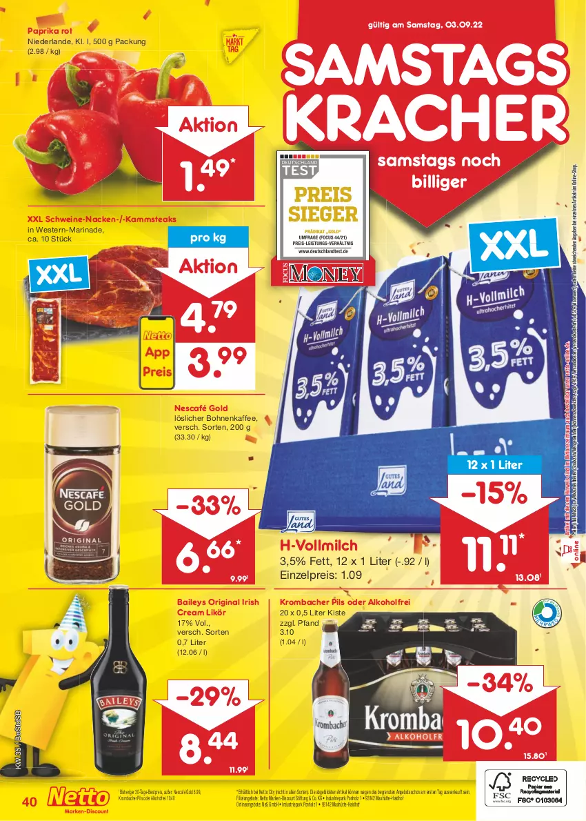 Aktueller Prospekt Netto Marken-Discount - Filial-Angebote - von 29.08 bis 03.09.2022 - strona 40 - produkty: alkohol, angebot, angebote, baileys, bestpreis, bohne, bohnen, bohnenkaffee, discount, eis, gin, Holz, irish cream, kaffee, kracher, krombache, krombacher, krombacher pils, likör, löslicher bohnenkaffee, marinade, marken-discount, milch, ndk, Nescafé, nescafé gold, paprika, paprika rot, pils, reis, schwein, schweine, steak, steaks, Ti, versandkostenfrei, vollmilch, wein, weine, Weste, ZTE