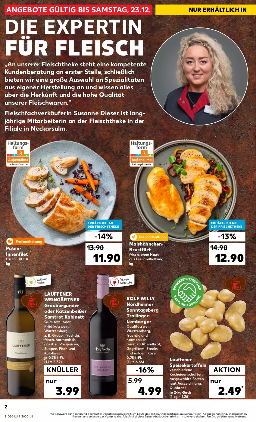 Aktueller Prospekt Kaufland - Extra-Angebote - von 14.12 bis 23.12.2023 - strona 2 - produkty: angebot, angebote, Berger, brot, brustfilet, burgunder, eimer, eis, elle, ente, filet, fisch, fleisch, fleischwaren, frucht, grauburgunder, grill, hähnchenbrust, hähnchenbrustfilet, kabinett, Kalbfleisch, kartoffel, kartoffeln, Käse, mais, pute, qualitätswein, rotwein, sac, speisekartoffeln, Spezi, steak, steaks, suppe, suppen, Ti, trolli, trollinger, vorspeise, wein, Weißwein, ZTE