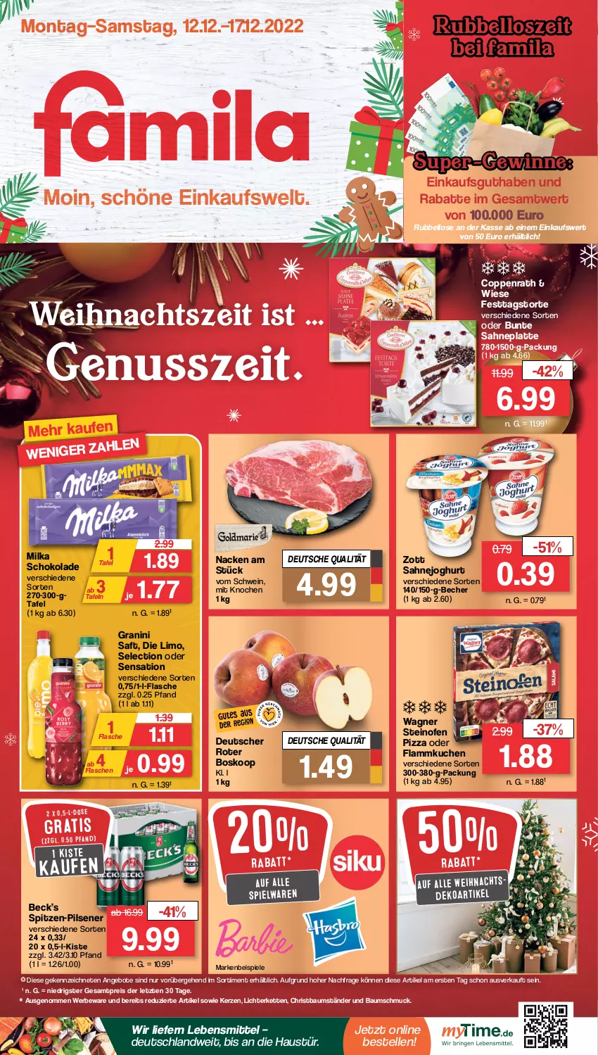 Aktueller Prospekt Famila - Prospekte - von 12.12 bis 17.12.2022 - strona 1 - produkty: angebot, angebote, aust, Bau, Baumschmuck, Becher, coppenrath, eis, elle, flammkuchen, flasche, granini, joghur, joghurt, kerze, Kette, kuchen, lamm, latte, lebensmittel, lichterkette, limo, milka, milka schokolade, nuss, Ofen, pils, pilsener, pizza, reis, saft, sahne, Sahnejoghurt, Schmuck, schoko, schokolade, schwein, Spiele, spielwaren, steinofen, steinofen pizza, Ti, torte, wagner, wein, zott, ZTE