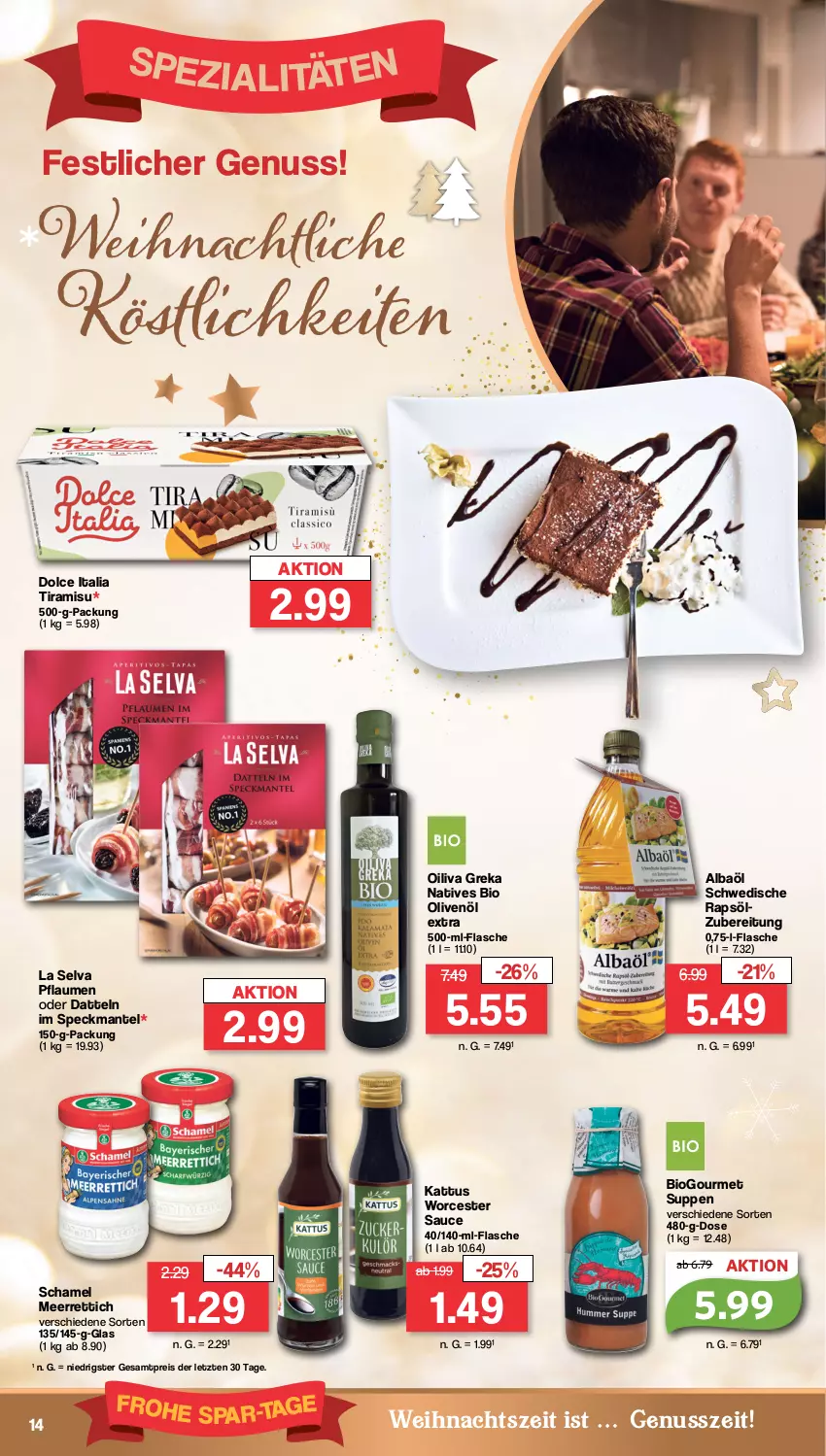 Aktueller Prospekt Famila - Prospekte - von 12.12 bis 17.12.2022 - strona 14 - produkty: bio, Datteln, eis, flasche, Mantel, meerrettich, nuss, olive, oliven, olivenöl, olivenöl extra, pflaume, pflaumen, rapsöl, reis, Rettich, sauce, schamel, Speck, suppe, suppen, Ti, tiramisu, ZTE