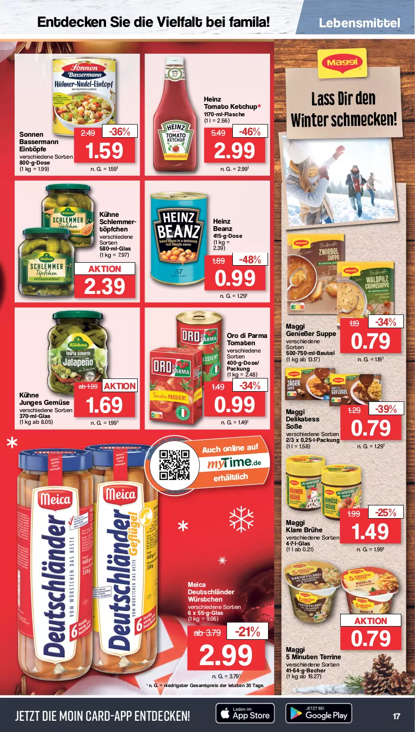 Aktueller Prospekt Famila - Prospekte - von 12.12 bis 17.12.2022 - strona 17 - produkty: beanz, Becher, beutel, Brühe, decke, eintöpfe, eis, flasche, heinz, ketchup, Kühne, lebensmittel, maggi, meica, oro di parma, reis, schlemmertöpfchen, Soße, suppe, terrine, Ti, tomate, tomaten, tomato ketchup, Töpfchen, würstchen, ZTE