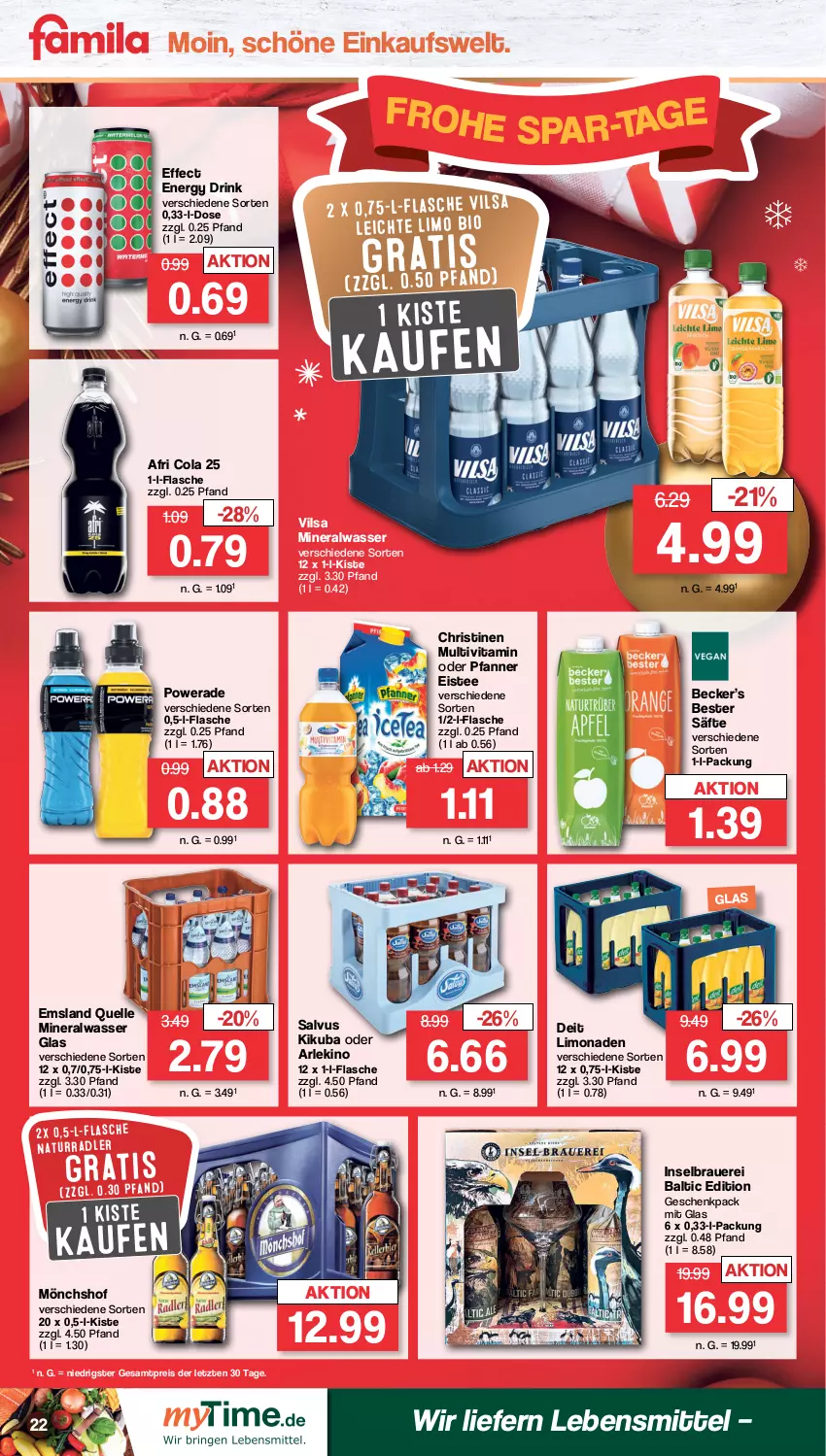 Aktueller Prospekt Famila - Prospekte - von 12.12 bis 17.12.2022 - strona 22 - produkty: Afri Cola, Alwa, auer, bio, cola, deit, drink, Effect, eis, eistee, elle, energy drink, flasche, lebensmittel, limo, limonade, limonaden, mineralwasser, mönchshof, natur, pfanne, Pfanner, radler, reis, säfte, tee, Ti, vilsa, vita, wasser, ZTE