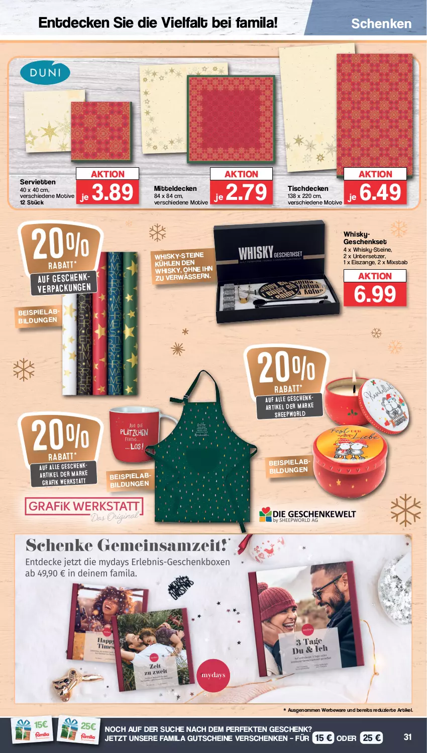 Aktueller Prospekt Famila - Prospekte - von 12.12 bis 17.12.2022 - strona 31 - produkty: decke, eis, geschenkset, gutschein, gutscheine, mitteldecke, mydays, Serviette, servietten, Ti, tisch, tischdecke, Untersetzer, whisky