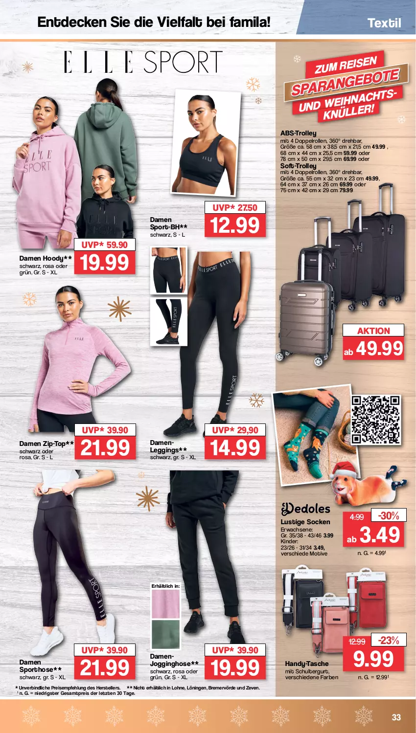 Aktueller Prospekt Famila - Prospekte - von 12.12 bis 17.12.2022 - strona 33 - produkty: decke, dell, eis, elle, gin, Handy, hose, Jogginghose, Kinder, leggings, Lusti, Mode, reis, schultergurt, socken, Sport, Tasche, teller, Ti, trolley, ZTE