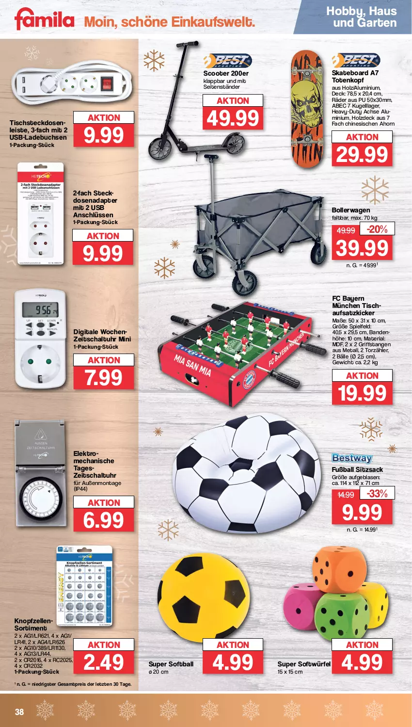 Aktueller Prospekt Famila - Prospekte - von 12.12 bis 17.12.2022 - strona 38 - produkty: adapter, ball, bollerwagen, buch, eis, Elektro, elle, Fußball, Garten, Hobby, Holz, Kugel, reis, Ria, sac, Schal, scooter, Skateboard, steckdose, Steckdosenleiste, Ti, tisch, uhr, usb, würfel, ZTE