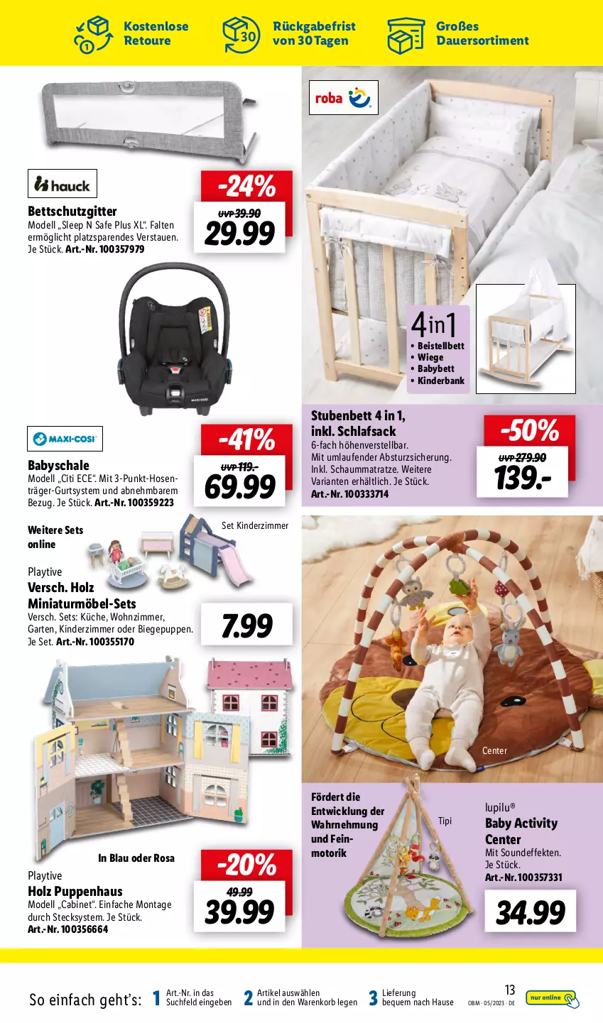 Aktueller Prospekt Lidl - Aktuelle Onlineshop-Highlights - von 01.05 bis 31.05.2023 - strona 13 - produkty: auer, Bank, bett, dell, eis, ente, Garten, Holz, hose, hosen, Kinder, Kinderzimmer, korb, küche, Laufen, lupilu, matratze, möbel, Mode, Puppe, Ria, sac, Schal, Schale, Schaummatratze, schlafsack, stube, Ti, Tipi, WICK