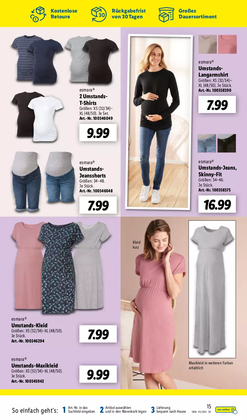 Aktueller Prospekt Lidl - Aktuelle Onlineshop-Highlights - von 01.05 bis 31.05.2023 - strona 15 - produkty: auer, esmara, jeans, kleid, korb, Langarmshirt, maxikleid, shirt, shirts, shorts, T-Shirt, Ti