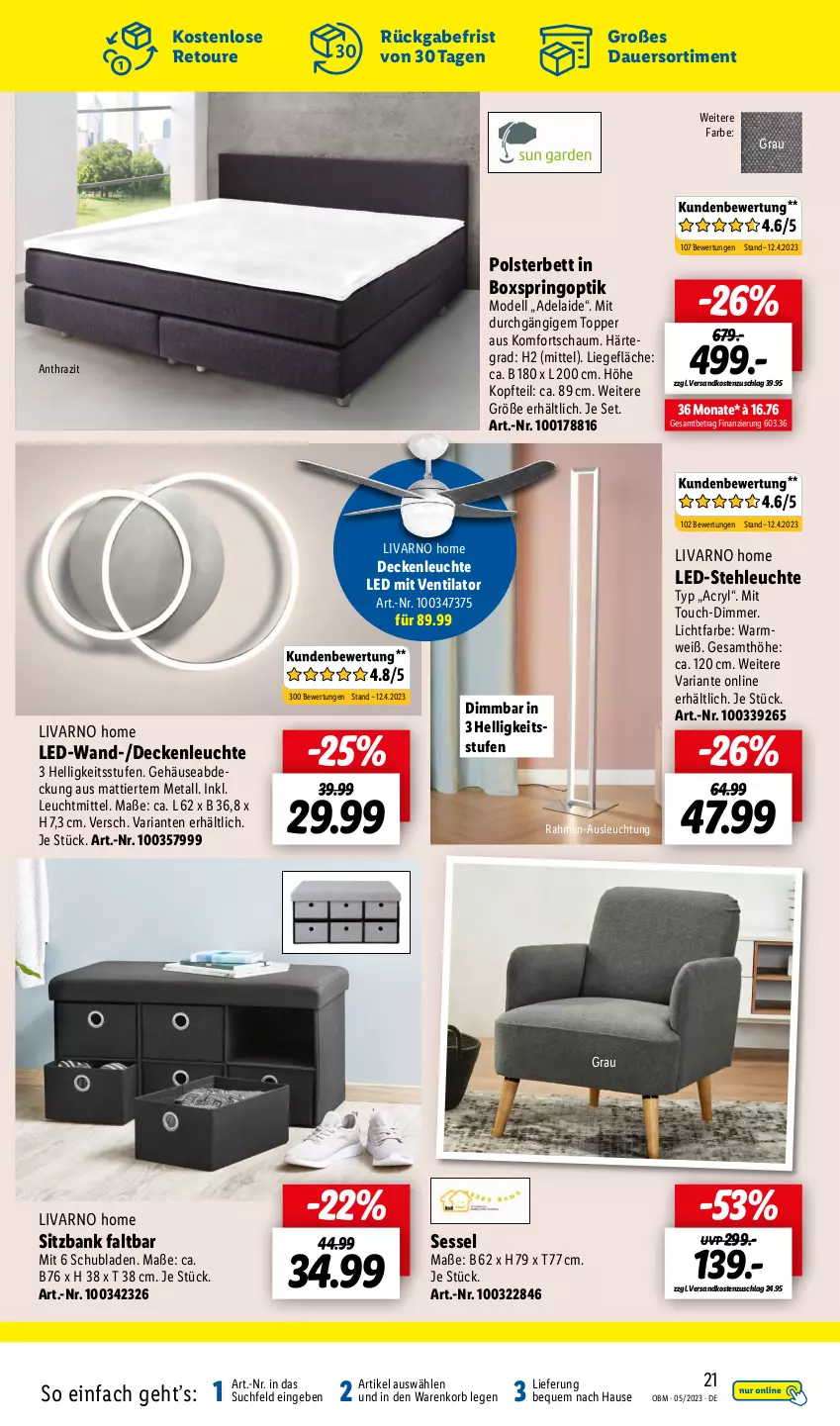 Aktueller Prospekt Lidl - Aktuelle Onlineshop-Highlights - von 01.05 bis 31.05.2023 - strona 21 - produkty: auer, Bank, bett, decke, deckenleuchte, dell, dimmer, korb, led-stehleuchte, Leuchte, leuchtmittel, Liege, Mode, ndk, polsterbett, Ria, ring, schubladen, sessel, sitzbank, stehleuchte, Ti, topper, ventilator