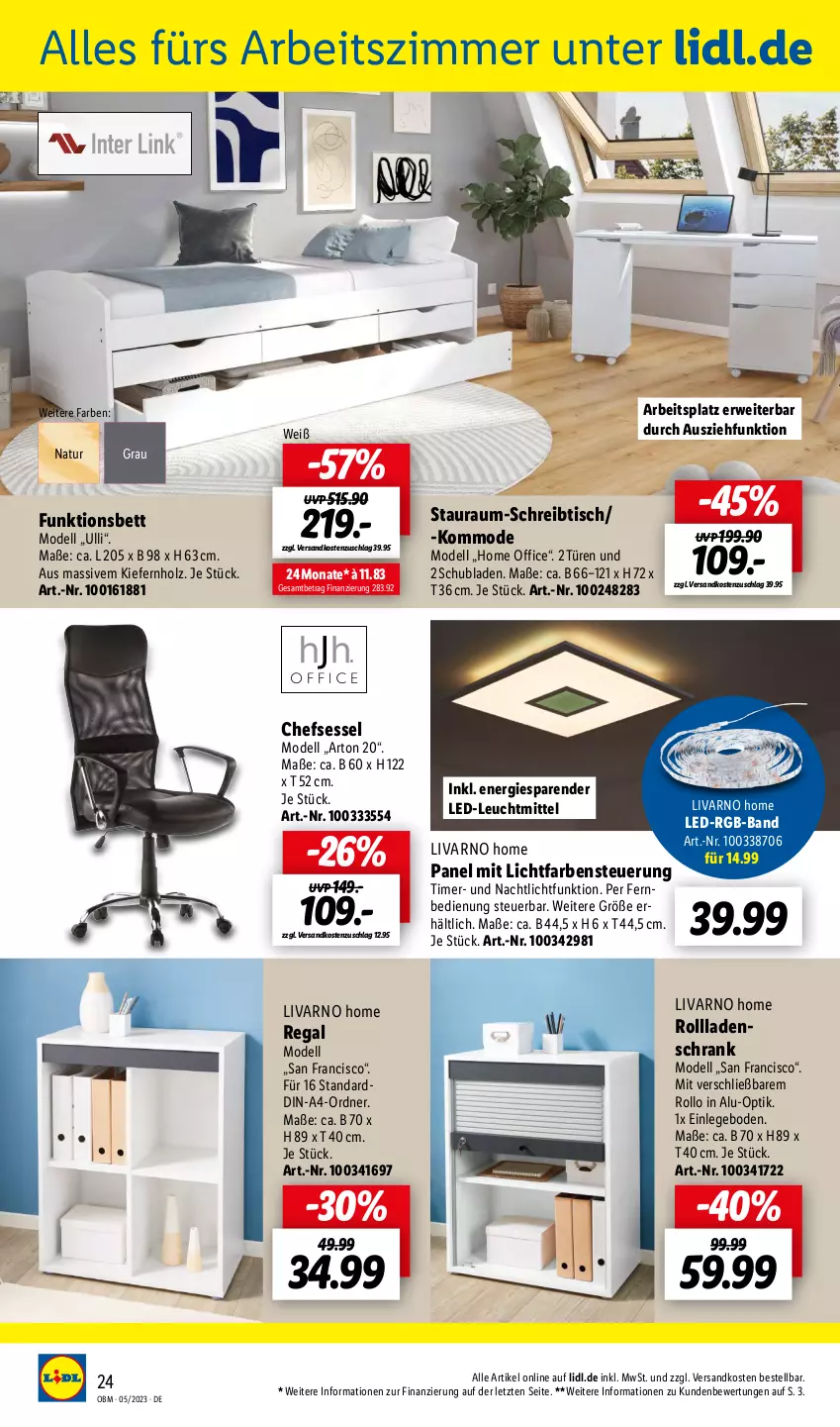 Aktueller Prospekt Lidl - Aktuelle Onlineshop-Highlights - von 01.05 bis 31.05.2023 - strona 24 - produkty: Arbeitszimmer, bett, chefsessel, dell, fernbedienung, Holz, kommode, leuchtmittel, Mode, Nachtlicht, natur, ndk, office, ordner, regal, rwe, Schrank, schreibtisch, schubladen, sessel, Ti, timer, tisch, ZTE