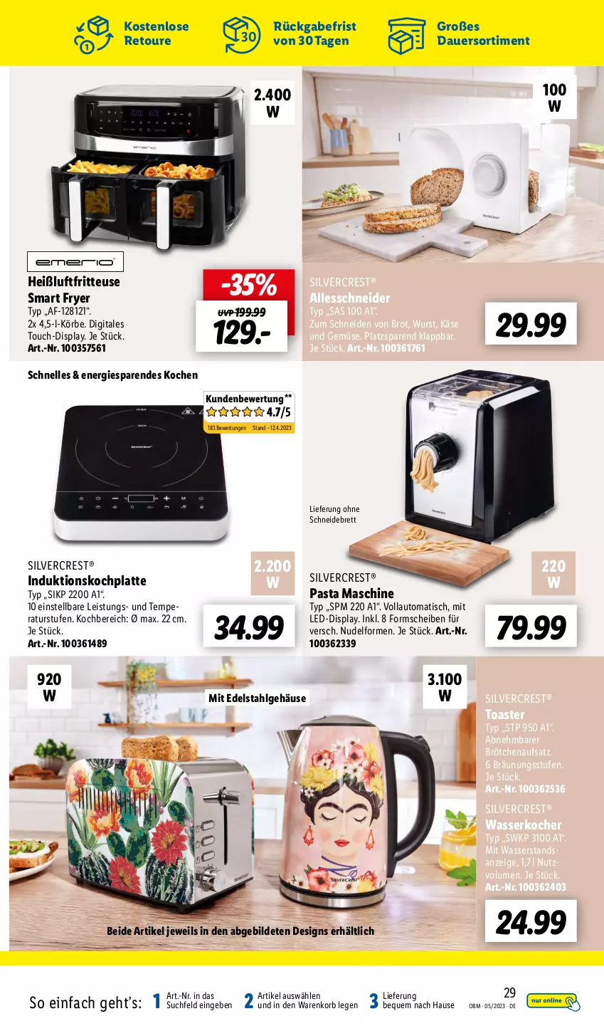 Aktueller Prospekt Lidl - Aktuelle Onlineshop-Highlights - von 01.05 bis 31.05.2023 - strona 29 - produkty: auer, auto, brot, brötchen, brötchenaufsatz, edelstahl, eis, elle, fritteuse, Heißluftfritteuse, HP, Käse, Kocher, korb, latte, LG, nudel, pasta, schneidebrett, silvercrest, Ti, tisch, toast, toaster, und gemüse, wasser, wasserkocher, wurst