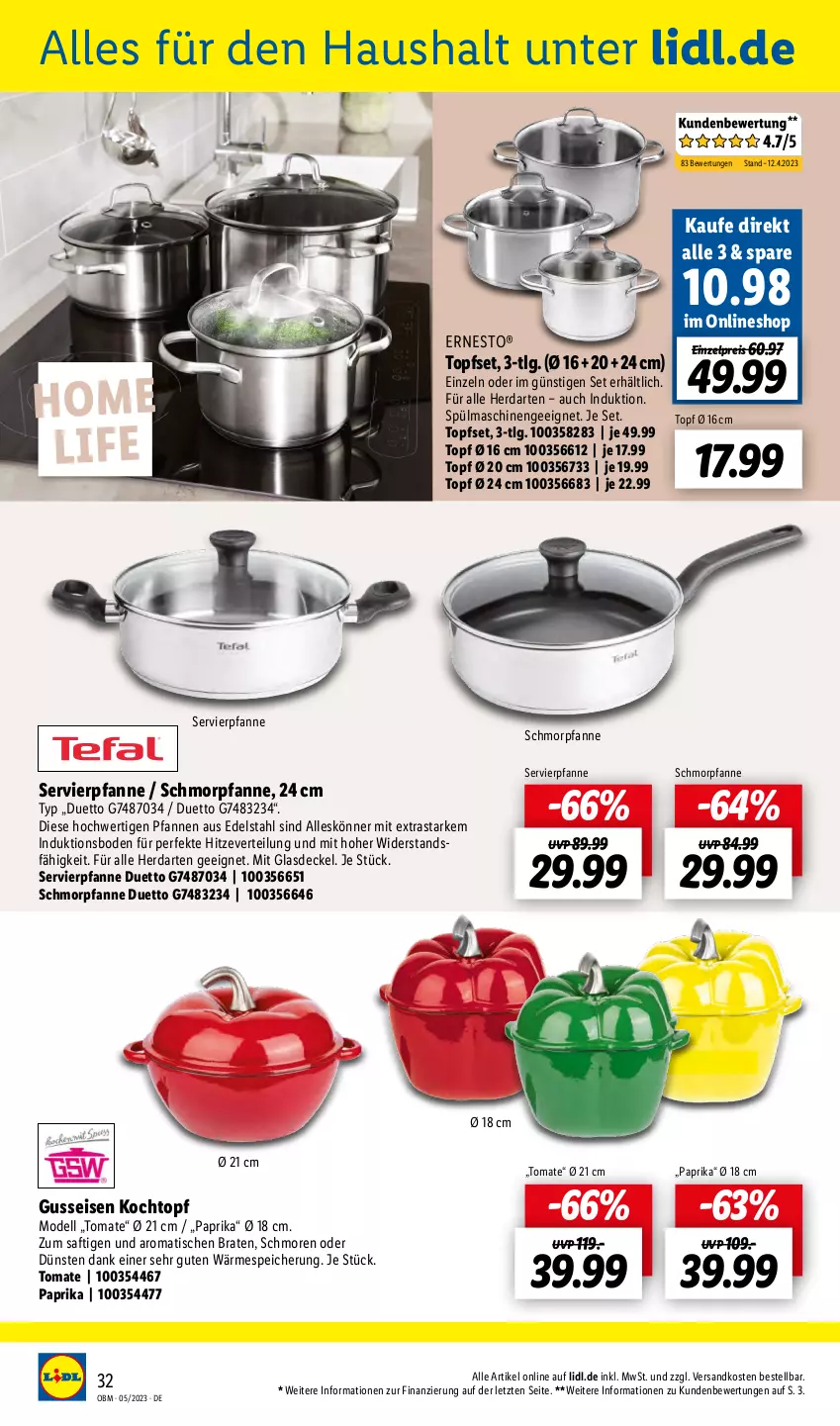 Aktueller Prospekt Lidl - Aktuelle Onlineshop-Highlights - von 01.05 bis 31.05.2023 - strona 32 - produkty: braten, decke, Deckel, dell, edelstahl, eis, ernesto, Glasdeckel, herdarten, Kochtopf, LG, Mode, ndk, paprika, pfanne, pfannen, reis, saft, schmorpfanne, spülmaschinen, Ti, tisch, tomate, topf, Topfset, ZTE