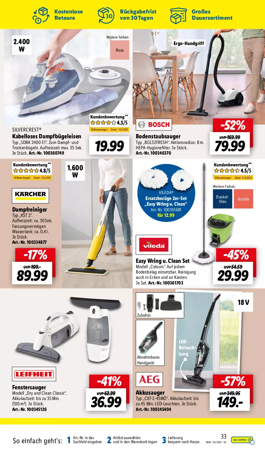 Aktueller Prospekt Lidl - Aktuelle Onlineshop-Highlights - von 01.05 bis 31.05.2023 - strona 33 - produkty: akku, auer, beleuchtung, bodenstaubsauger, bügel, Bügeleisen, dampfbügeleisen, dampfreiniger, dell, eis, fenster, fenstersauger, hygienefilter, korb, LED-Leuchte, Leuchte, leuchten, Mode, reiniger, Reinigung, ring, silvercrest, staubsauger, Ti, vileda, wasser, wassertank