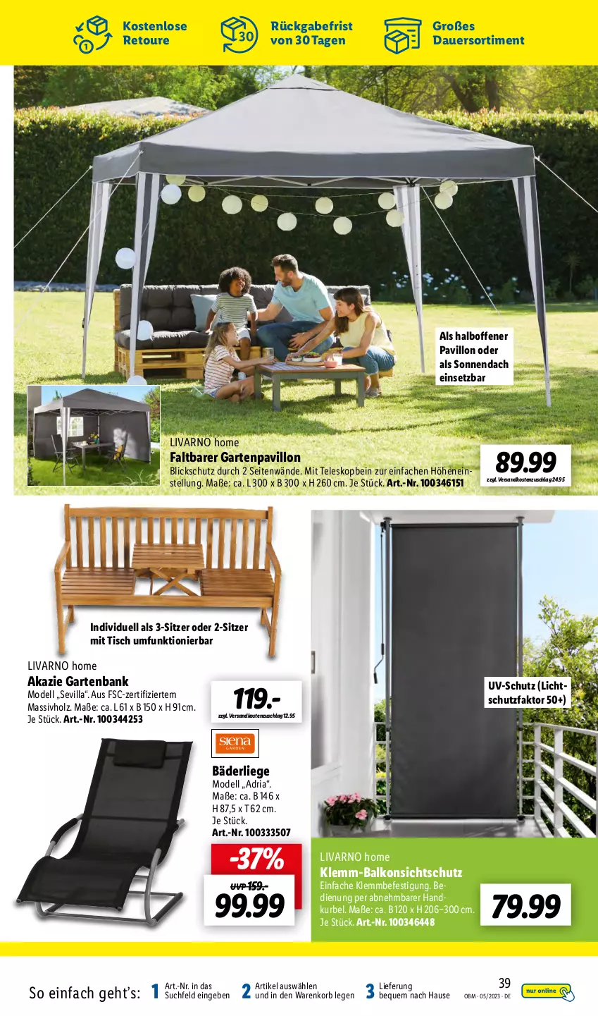 Aktueller Prospekt Lidl - Aktuelle Onlineshop-Highlights - von 01.05 bis 31.05.2023 - strona 39 - produkty: auer, Bank, dell, Garten, gartenbank, Holz, korb, Liege, massivholz, Mode, ndk, pavillon, Ria, Teleskop, Ti, tisch, uv-schutz