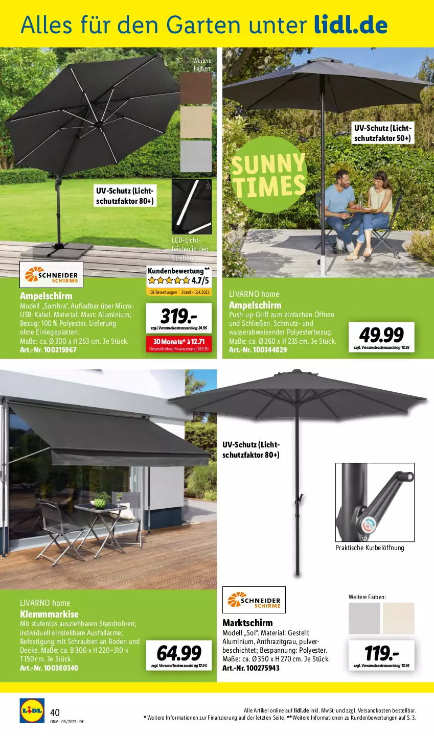 Aktueller Prospekt Lidl - Aktuelle Onlineshop-Highlights - von 01.05 bis 31.05.2023 - strona 40 - produkty: ampelschirm, decke, dell, eis, Garten, Klemmmarkise, latte, led-licht, Mode, ndk, ombra, Push-up, Ria, schrauben, Ti, tisch, usb, uv-schutz, wasser, ZTE