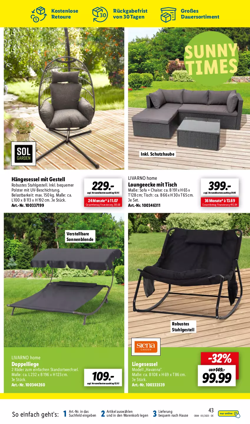 Aktueller Prospekt Lidl - Aktuelle Onlineshop-Highlights - von 01.05 bis 31.05.2023 - strona 43 - produkty: auer, dell, hängesessel, korb, LG, Liege, Mode, ndk, sessel, Sofa, Ti, tisch