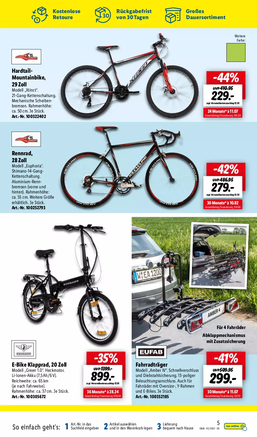 Aktueller Prospekt Lidl - Aktuelle Onlineshop-Highlights - von 01.05 bis 31.05.2023 - strona 5 - produkty: akku, Amber, auer, beleuchtung, dell, E-Bike, E-Bikes, eis, Fahrrad, Kette, Klapprad, korb, Mode, Mountainbike, ndk, Ria, rwe, Schal, shimano, Ti