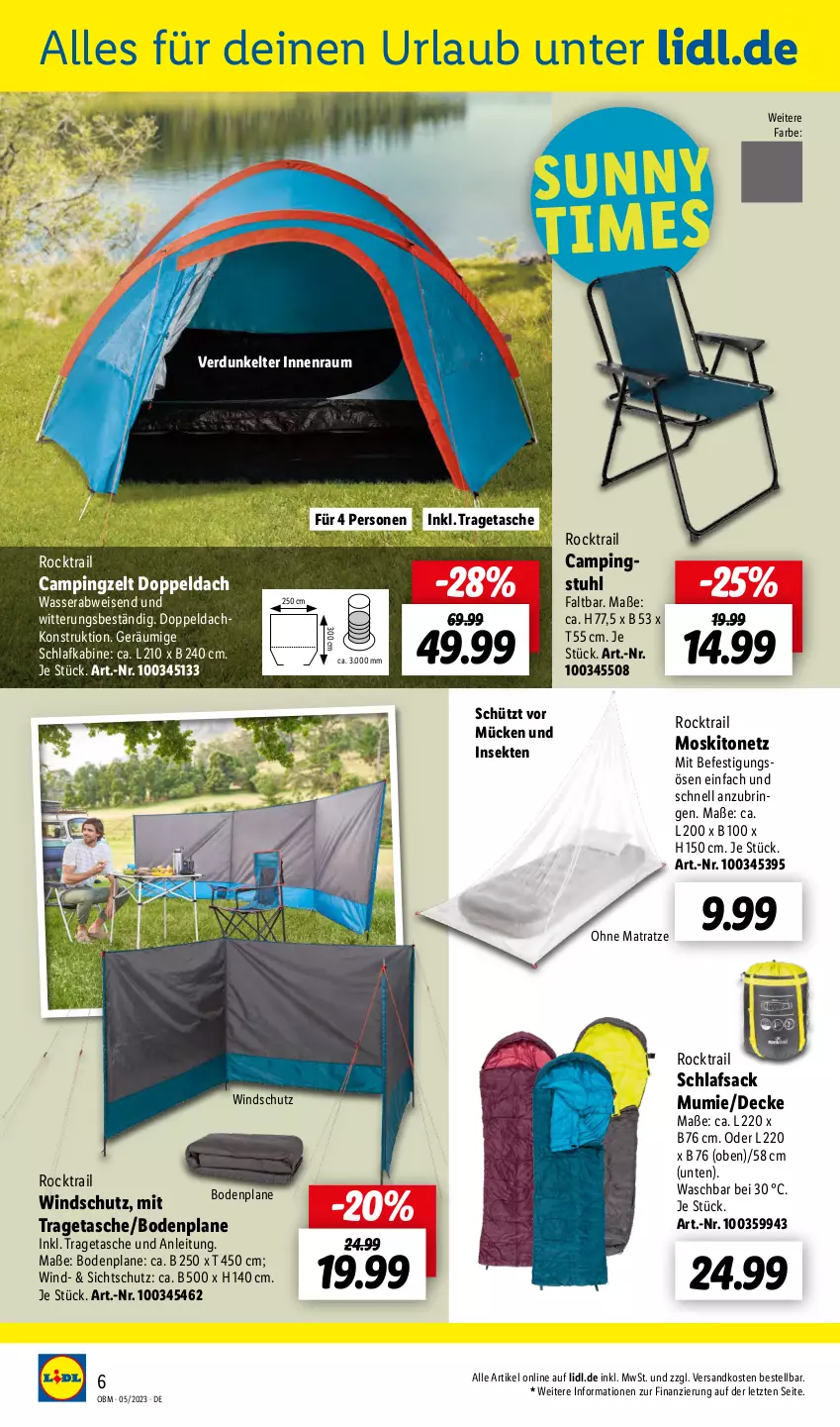 Aktueller Prospekt Lidl - Aktuelle Onlineshop-Highlights - von 01.05 bis 31.05.2023 - strona 6 - produkty: campingstuhl, decke, eis, matratze, moskitonetz, ndk, ohne matratze, ring, sac, schlafsack, sekt, stuhl, Tasche, Ti, tragetasche, wasser, Windschutz, Zelt, ZTE