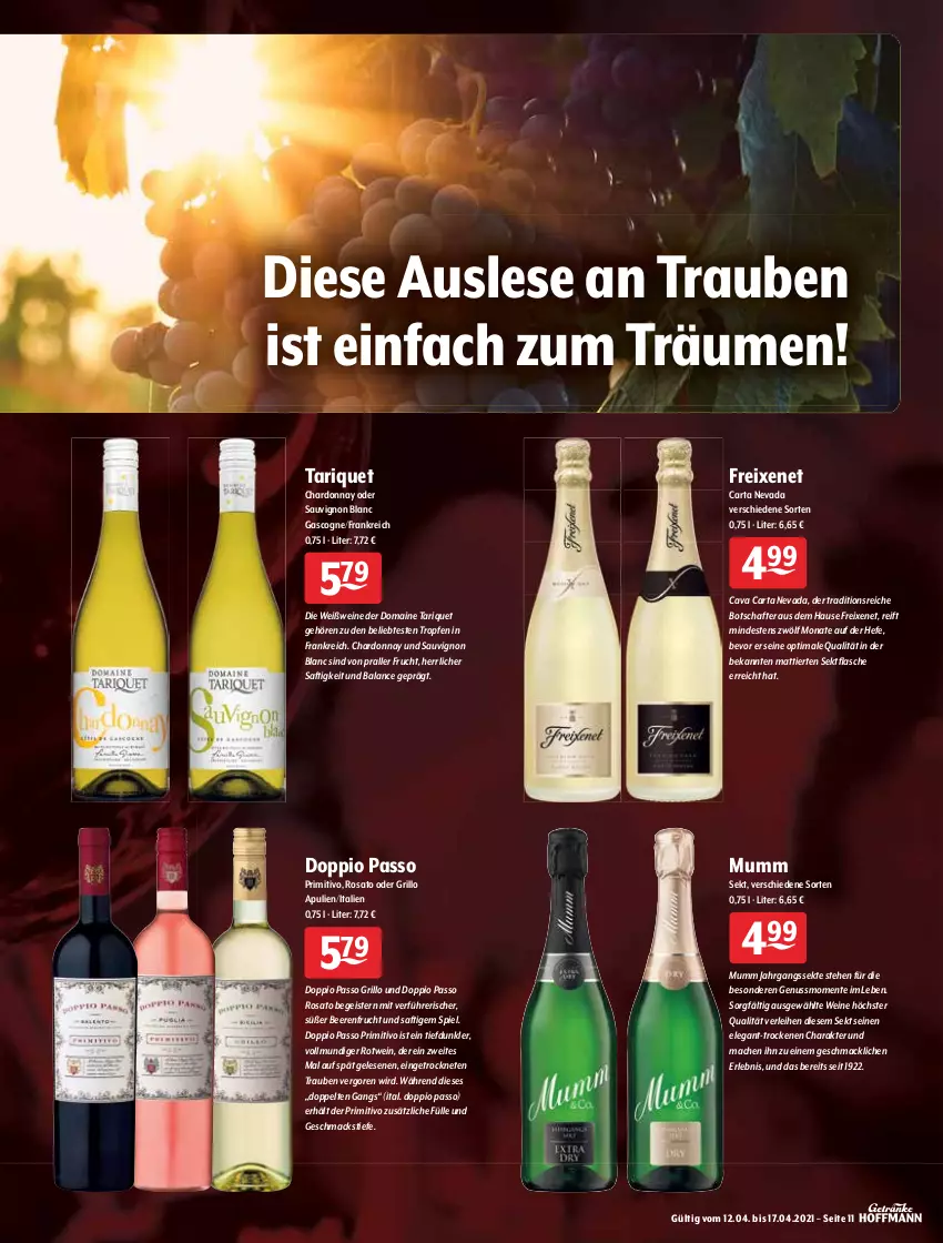 Aktueller Prospekt Getraenke Hoffmann - Prospekte - von 12.04 bis 17.04.2021 - strona 11 - produkty: aprikose, aprikosen, beere, beeren, Cap, Cava, chardonnay, doppio passo, eis, elle, ente, flasche, fleisch, freixenet, frucht, grill, grillo, grüner veltliner, Hefe, Holz, jahrgangssekt, johannisbeere, Johannisbeeren, Käse, mac, mumm, Nuance, nuss, passo, pfeffer, pfirsich, pfirsiche, pflaume, pflaumen, primitivo, reifen, riesling, rosato, rotwein, saft, sauvignon, sauvignon blanc, schinken, sekt, Tapas, tempranillo, Ti, trauben, wein, weine, Weißwein, Weste, zitrone, zitronen