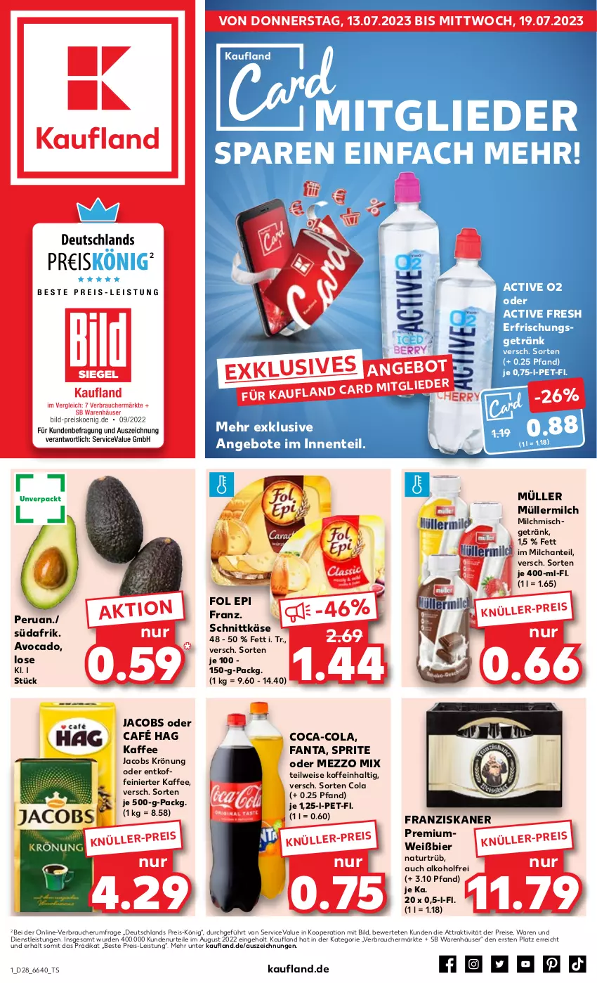 Aktueller Prospekt Kaufland - Prospekt - von 13.07 bis 19.07.2023 - strona 1 - produkty: alkohol, angebot, angebote, avocado, bier, coca-cola, cola, eis, elle, ente, erfrischungsgetränk, fanta, fol epi, franziskaner, getränk, jacobs, jacobs krönung, kaffee, Käse, Mezzo Mix, milch, Müller, müllermilch, natur, Rauch, reis, rum, rwe, schnittkäse, sprite, Ti