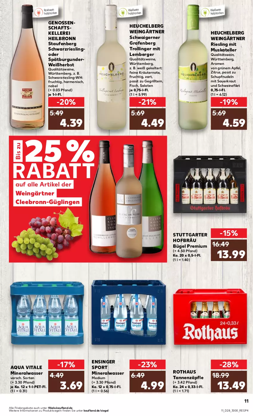 Aktueller Prospekt Kaufland - Prospekt - von 13.07 bis 19.07.2023 - strona 11 - produkty: Alwa, angebot, angebote, apfel, aqua, auer, Berger, bügel, burgunder, elle, filet, fisch, frucht, grill, Heu, Kraut, kräuter, kräutern, mineralwasser, Mineralwasser Medium, nudel, nudeln, qualitätswein, qualitätsweine, riesling, roséwein, rwe, salat, salate, Sauerkraut, schwarzriesling, schwein, schweine, schweinefilet, spätburgunder, Sport, teller, Ti, trolli, trollinger, vita, wasser, wein, weine, Weißwein