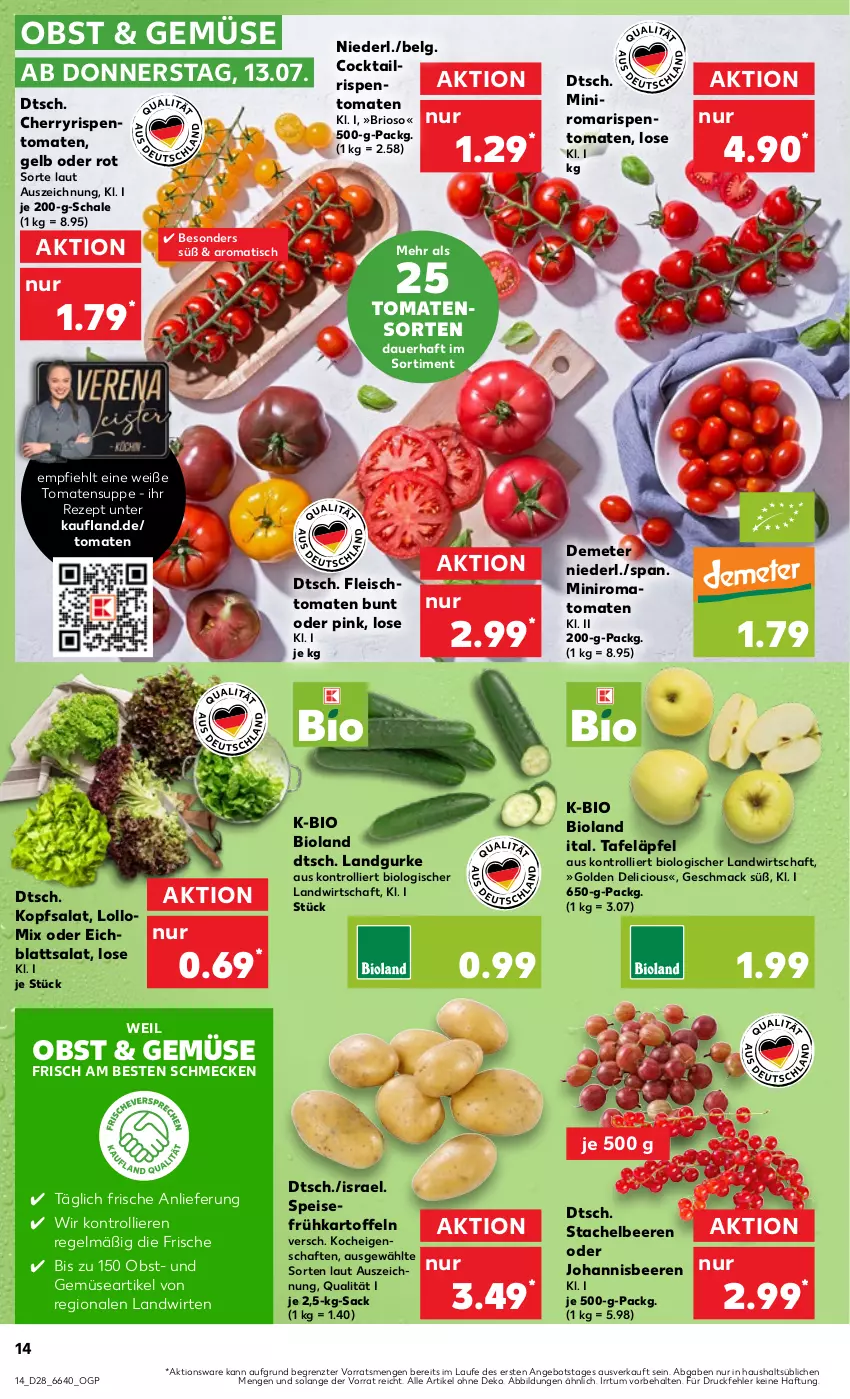 Aktueller Prospekt Kaufland - Prospekt - von 13.07 bis 19.07.2023 - strona 16 - produkty: Ajvar, angebot, auer, beere, beeren, bio, bioland, cocktail, Eichblattsalat, eis, elle, fleisch, Frühkartoffeln, gurke, ilag, johannisbeere, Johannisbeeren, kartoffel, kartoffeln, kopfsalat, LG, mac, obst, Ofen, rezept, rispentomaten, rosmarin, sac, salat, salz, Schal, Schale, Stachelbeeren, suppe, tafeläpfel, Ti, tisch, tomate, tomaten, Tomatensuppe, trolli, und gemüse, ZTE