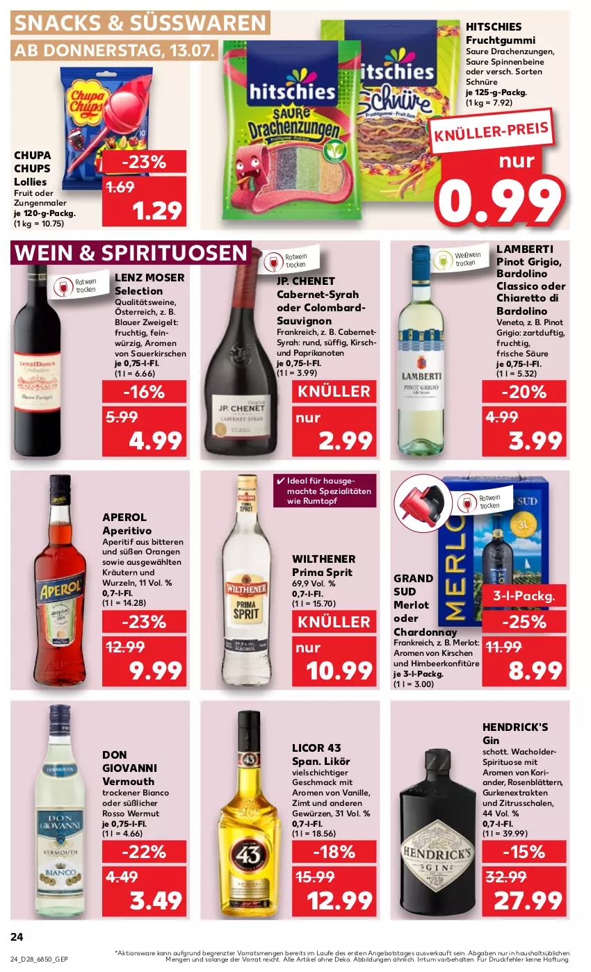 Aktueller Prospekt Kaufland - Prospekt - von 13.07 bis 19.07.2023 - strona 26 - produkty: Amber, angebot, aperitif, aperol, auer, blauer zweigelt, cabernet, chardonnay, chia, chupa, chupa chups, classico, eis, frucht, fruchtgummi, getränk, getränke, gewürz, gin, grand sud, gurke, gurken, Hendrick's Gin, himbeer, kirsch, kirsche, kirschen, konfitüre, Koriander, kräuter, kräutern, Lenz Moser, licor, licor 43, likör, mac, merl, merlot, moser, orange, orangen, paprika, Pinot, pinot grigio, qualitätswein, qualitätsweine, Ria, rosen, rotwein, rum, Rumtopf, sauerkirschen, sauvignon, Schal, Schale, schott, snack, snacks, Spezi, spirituosen, süsswaren, Ti, topf, vanille, Vermouth, wein, weine, Weißwein, wilthener, ZTE, Zweigelt