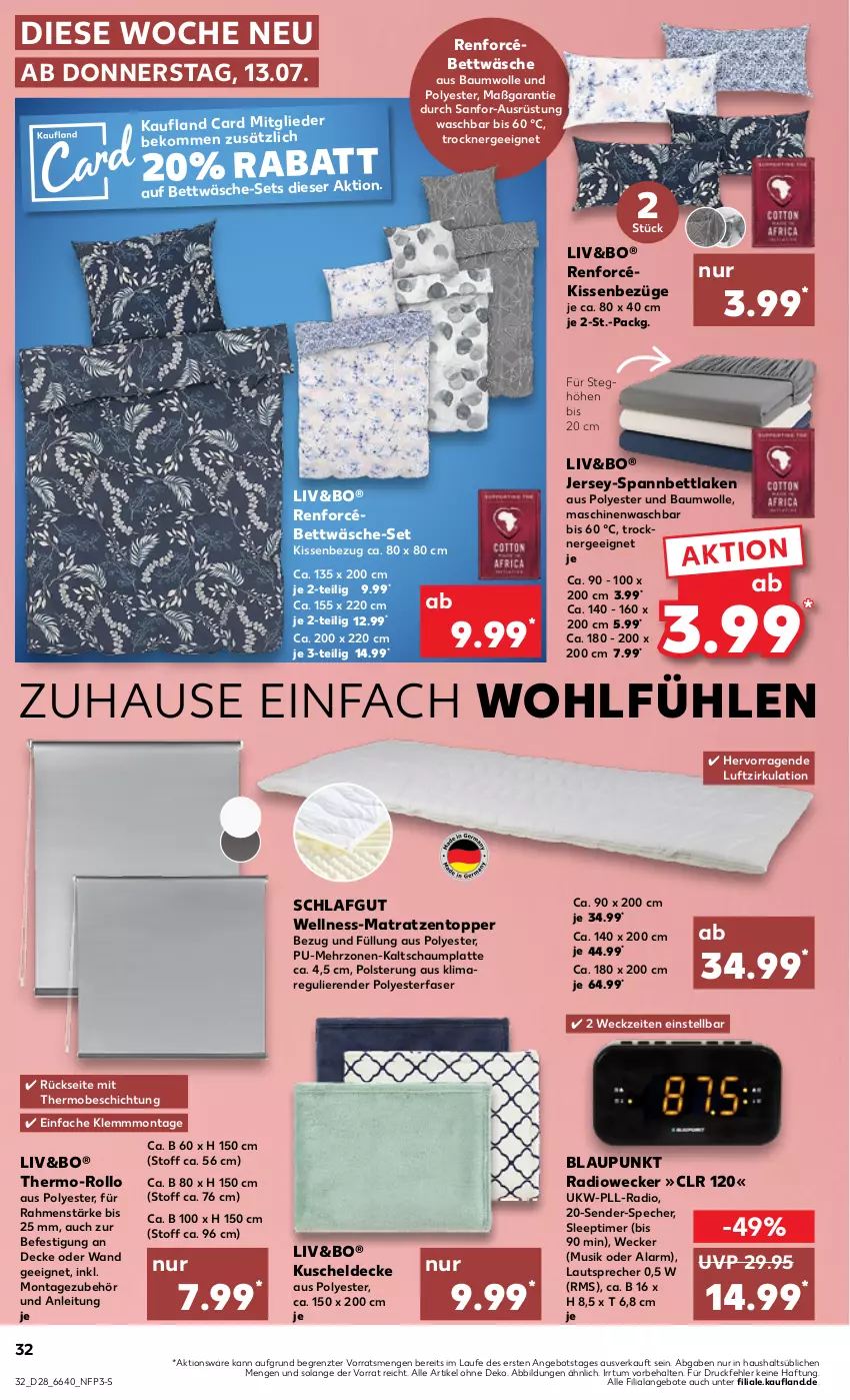 Aktueller Prospekt Kaufland - Prospekt - von 13.07 bis 19.07.2023 - strona 34 - produkty: angebot, angebote, Bau, baumwolle, beko, bett, bettwäsche, blaupunkt, decke, Ergee, kissen, Kissenbezug, kuscheldecke, latte, lautsprecher, matratze, matratzen, Matratzentopper, Radio, spannbettlaken, thermo-rollo, Ti, timer, topper, Trockner, weck, wolle, ZTE