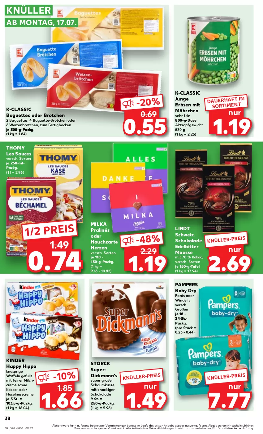 Aktueller Prospekt Kaufland - Prospekt - von 13.07 bis 19.07.2023 - strona 40 - produkty: angebot, auer, baguette, baguettes, brötchen, creme, Dickmann's, eis, erbsen, haselnuss, Haselnusscreme, hipp, junge erbsen, kakao, Kinder, lindt, milch, milka, mousse, nuss, pampers, pampers baby dry, Pants, reis, sauce, schoko, schokolade, storck, thomy, thomy les sauces, Ti, waffeln, weizenbrötchen, windeln, ZTE