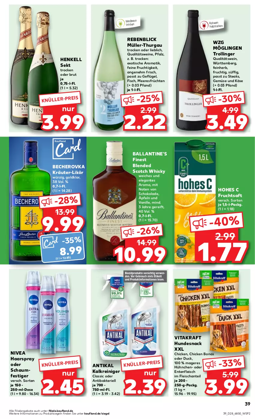 Aktueller Prospekt Kaufland - Prospekt - von 13.07 bis 19.07.2023 - strona 41 - produkty: angebot, angebote, ball, Becher, Becherovka, blended scotch, blended scotch whisky, Bona, brut, Duck, eis, ente, fisch, fleisch, frucht, früchte, früchten, fruchtsaft, Geflügel, haarspray, henkel, henkell, henkell sekt, hero, Hohes C, hundesnack, Kalkreiniger, Käse, kraft, kräuter, likör, meeresfrüchte, Müller, Müller-Thurgau, nivea, oder schaumfestiger, qualitätswein, qualitätsweine, reiniger, rotwein, saft, schaumfestiger, schoko, schokolade, scotch, scotch whisky, sekt, snack, steak, steaks, Ti, tisch, trolli, trollinger, vanille, vita, vitakraft, wein, weine, Weißwein, whisky