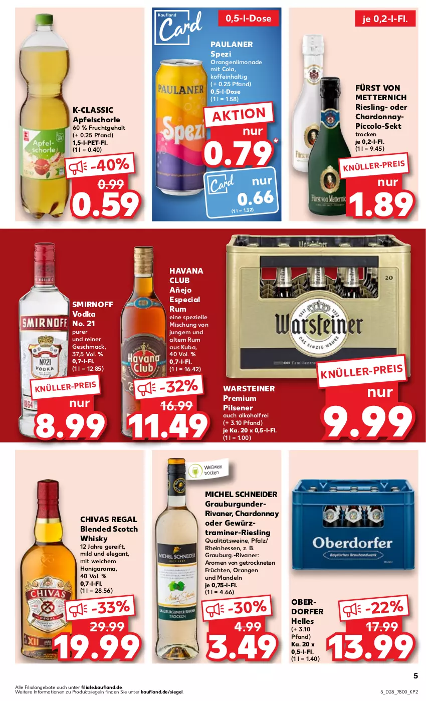 Aktueller Prospekt Kaufland - Prospekt - von 13.07 bis 19.07.2023 - strona 5 - produkty: alkohol, angebot, angebote, apfel, Apfelschorle, blended scotch, blended scotch whisky, burgunder, chardonnay, cola, eis, elle, frucht, früchte, früchten, fürst von metternich, gewürz, grauburgunder, Havana Club, honig, limo, limonade, mac, mandel, mandeln, Mett, metternich, Michel Schneider, orange, orangen, Paula, paulaner, pils, pilsener, premium pils, qualitätswein, qualitätsweine, regal, riesling, Rivaner, rum, schorle, scotch, scotch whisky, sekt, smirnoff, Spezi, steiner, Ti, vodka, warsteiner, wein, weine, Weißwein, whisky