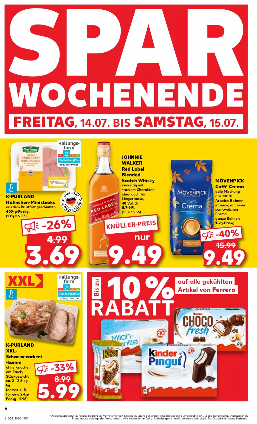 Aktueller Prospekt Kaufland - Prospekt - von 13.07 bis 19.07.2023 - strona 6 - produkty: angebot, blended scotch, blended scotch whisky, bohne, bohnen, brustfilet, caffè crema, eis, ferrero, filet, getränk, getränke, johnnie walker, Mixgetränk, mövenpick, purland, schnitten, schwein, schweine, schweinenacken, scotch, scotch whisky, steak, steaks, Ti, wein, weine, whisky, ZTE