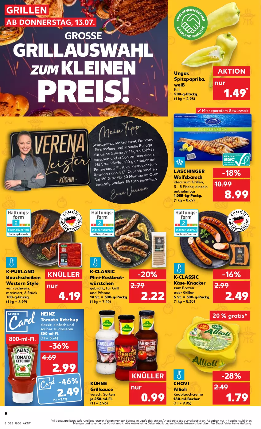 Aktueller Prospekt Kaufland - Prospekt - von 13.07 bis 19.07.2023 - strona 8 - produkty: allioli, angebot, ariel, Bau, bauchscheiben, Becher, braten, chovi, cin, creme, eis, elle, fisch, fische, für grill und pfanne, gewürz, gewürzsalz, grill, grill und pfanne, grillsauce, heinz, ideal zum grillen, Käse, ketchup, knacker, knoblauch, Knoblauchcreme, Kühne, leine, Ofen, paprika, pfanne, purland, reis, salz, sauce, schwein, Spitzpaprika, Ti, tomato ketchup, und pfanne, wein, Weste, wolfsbarsch, würstchen, ZTE