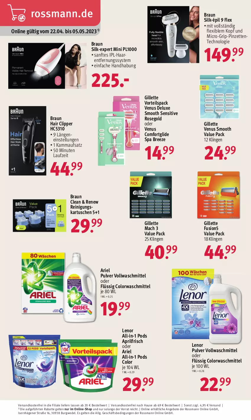 Aktueller Prospekt Rossmann - Prospekte - von 22.04 bis 05.05.2023 - strona 6 - produkty: angebot, angebote, ariel, braun, bree, ente, fusion5, gillette, gillette venus, Haarentfernung, lenor, LG, mac, ndk, Pinzette, Pods, pril, Reinigung, Ti, venus, versandkostenfrei, vollwaschmittel, waschmittel, wedel