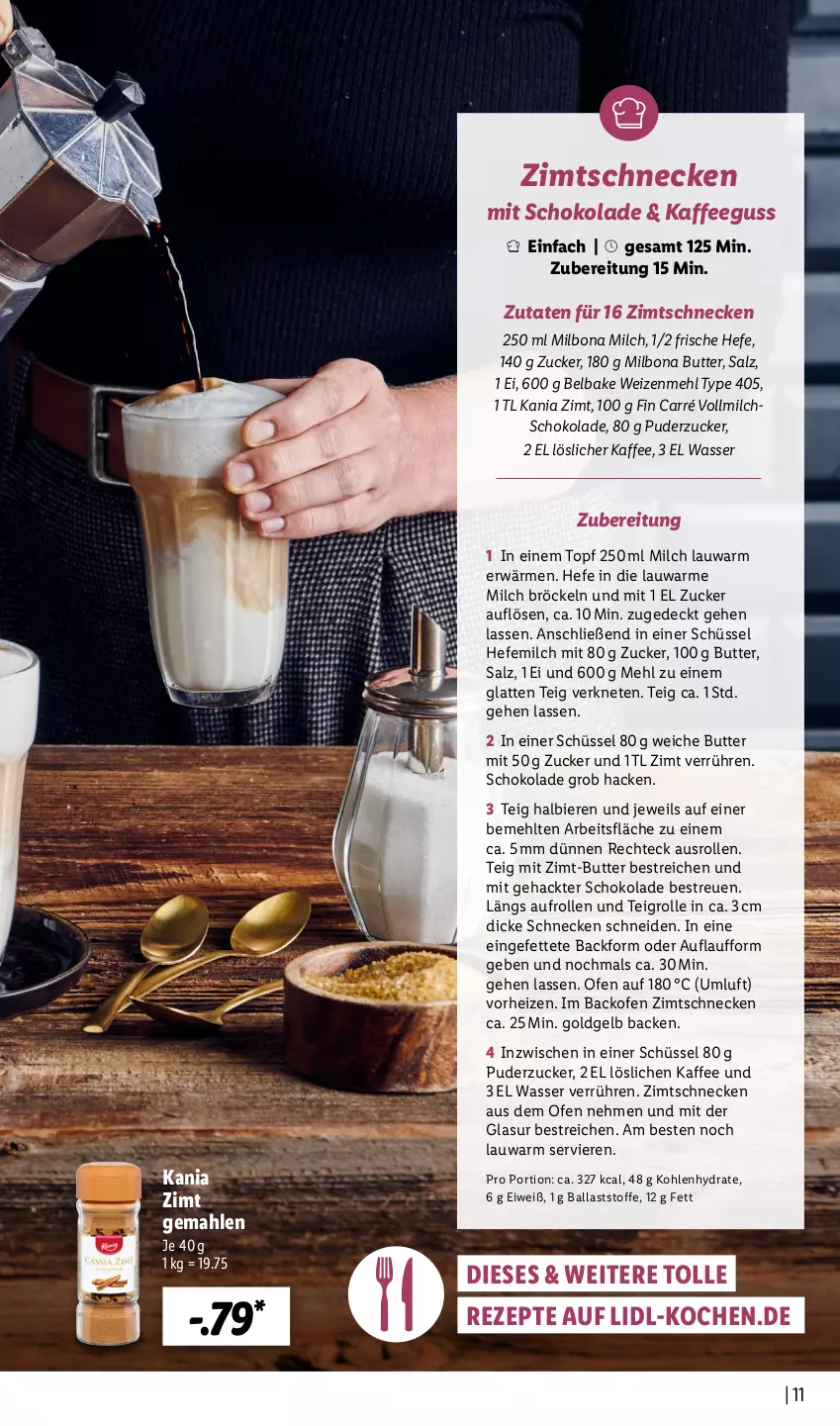 Aktueller Prospekt Lidl - Kaffee Magazin - von 25.09 bis 15.10.2022 - strona 11 - produkty: Backform, backofen, ball, bier, Biere, Bona, butter, Hefe, kaffee, latte, löslicher kaffee, mehl, Milbona, milch, Ofen, rezept, rezepte, Röcke, salz, schoko, schokolade, schüssel, Teigrolle, Ti, topf, type 405, vollmilch, wasser, weizenmehl, zucker