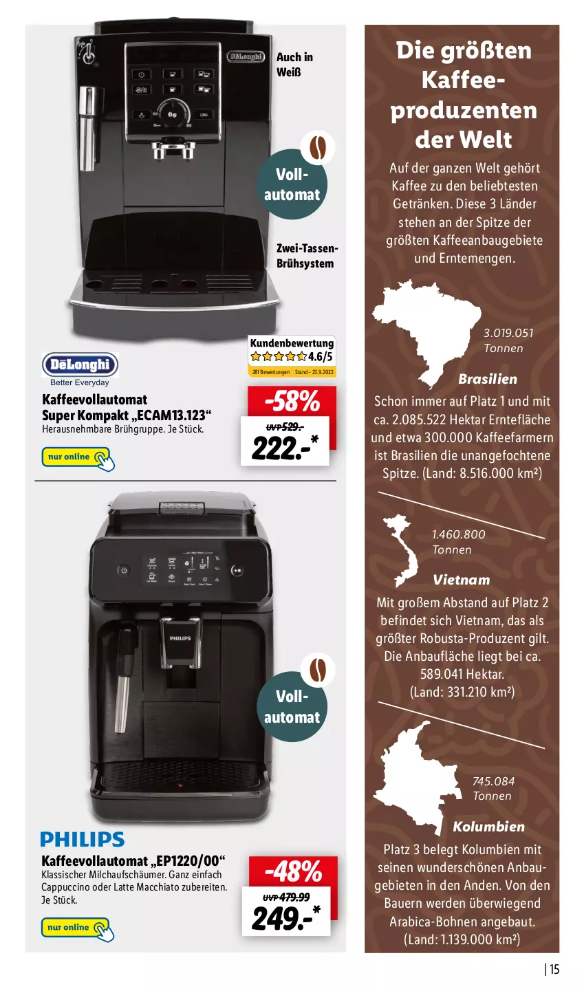 Aktueller Prospekt Lidl - Kaffee Magazin - von 25.09 bis 15.10.2022 - strona 15 - produkty: ACC, auer, auto, Bau, Bauer, bohne, bohnen, Cap, cappuccino, chia, cin, ente, erde, getränk, getränke, kaffee, kaffeevollautomat, latte, latte macchiato, mac, macchiato, milch, milchaufschäumer, tasse